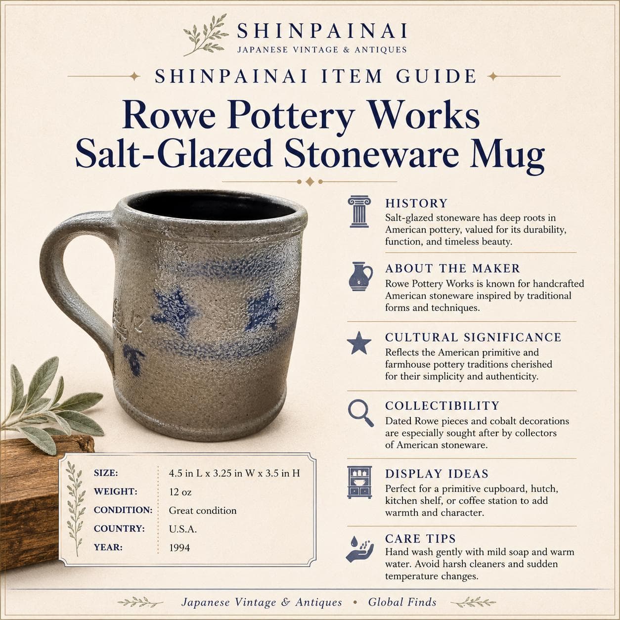 Vintage Rowe Pottery Works Salt Glazed Stoneware Mug Cobalt Blue Stars American Primitive 1994 - Thumbnail 11