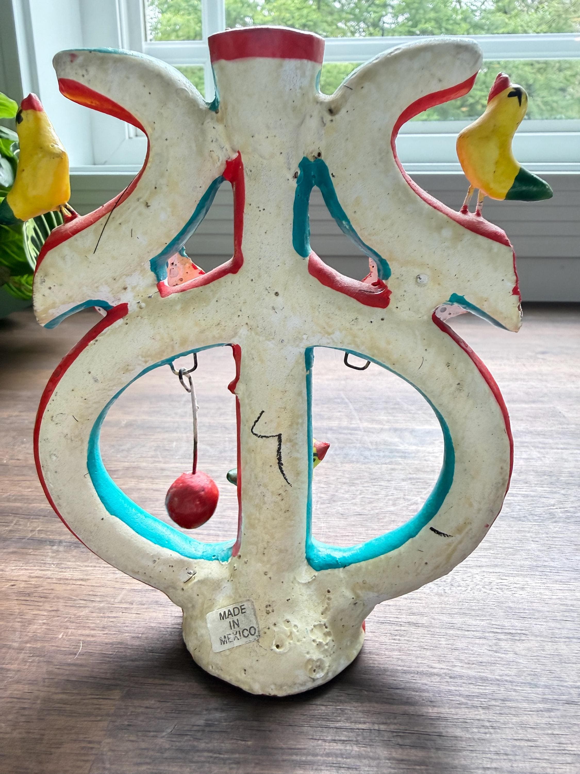 Vintage Mexican Folk Art Candelabra: Hand-Painted Clay Tree of Life, Birds, Hacienda Decor - Thumbnail 8