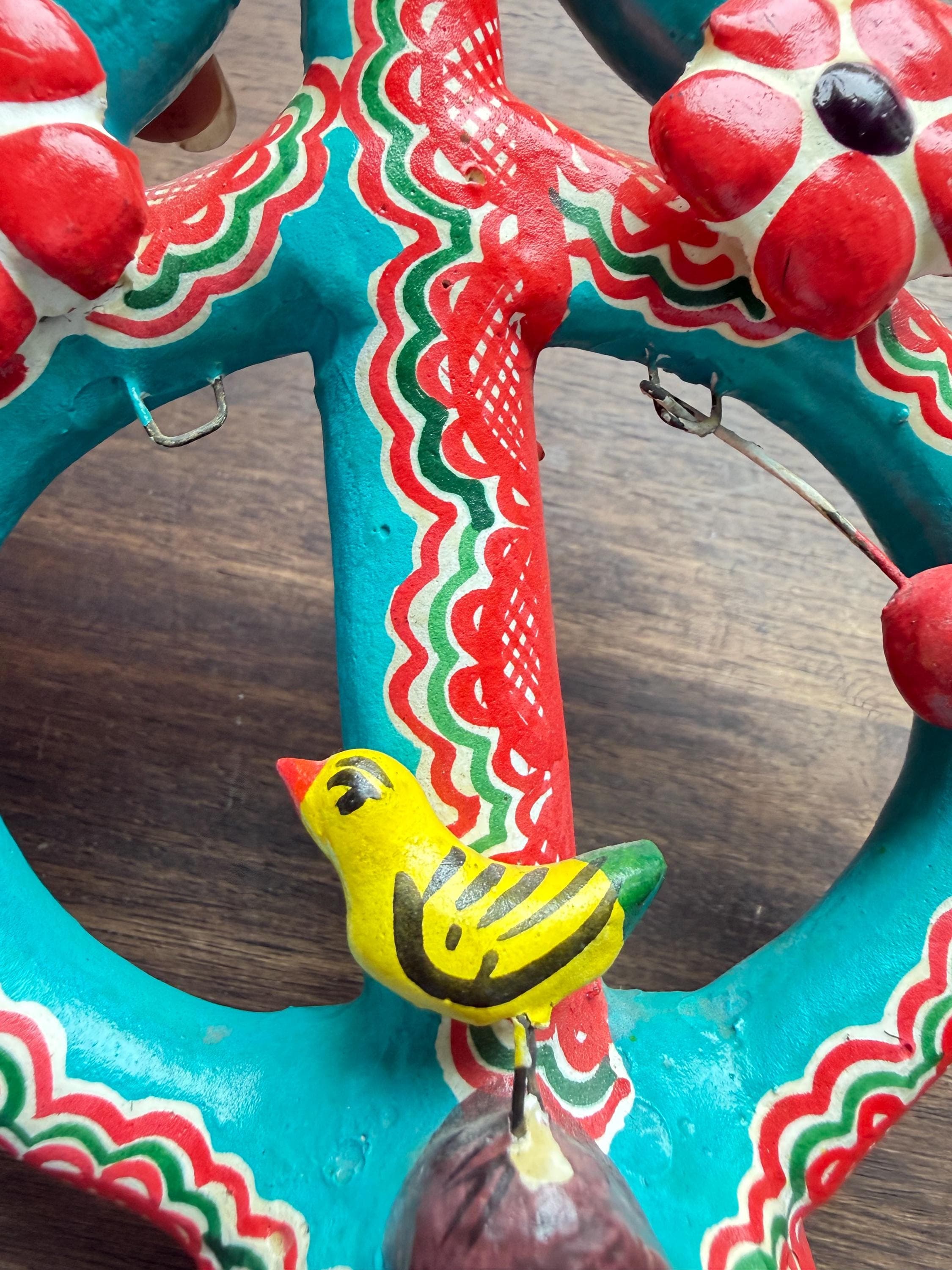 Vintage Mexican Folk Art Candelabra: Hand-Painted Clay Tree of Life, Birds, Hacienda Decor - Thumbnail 5