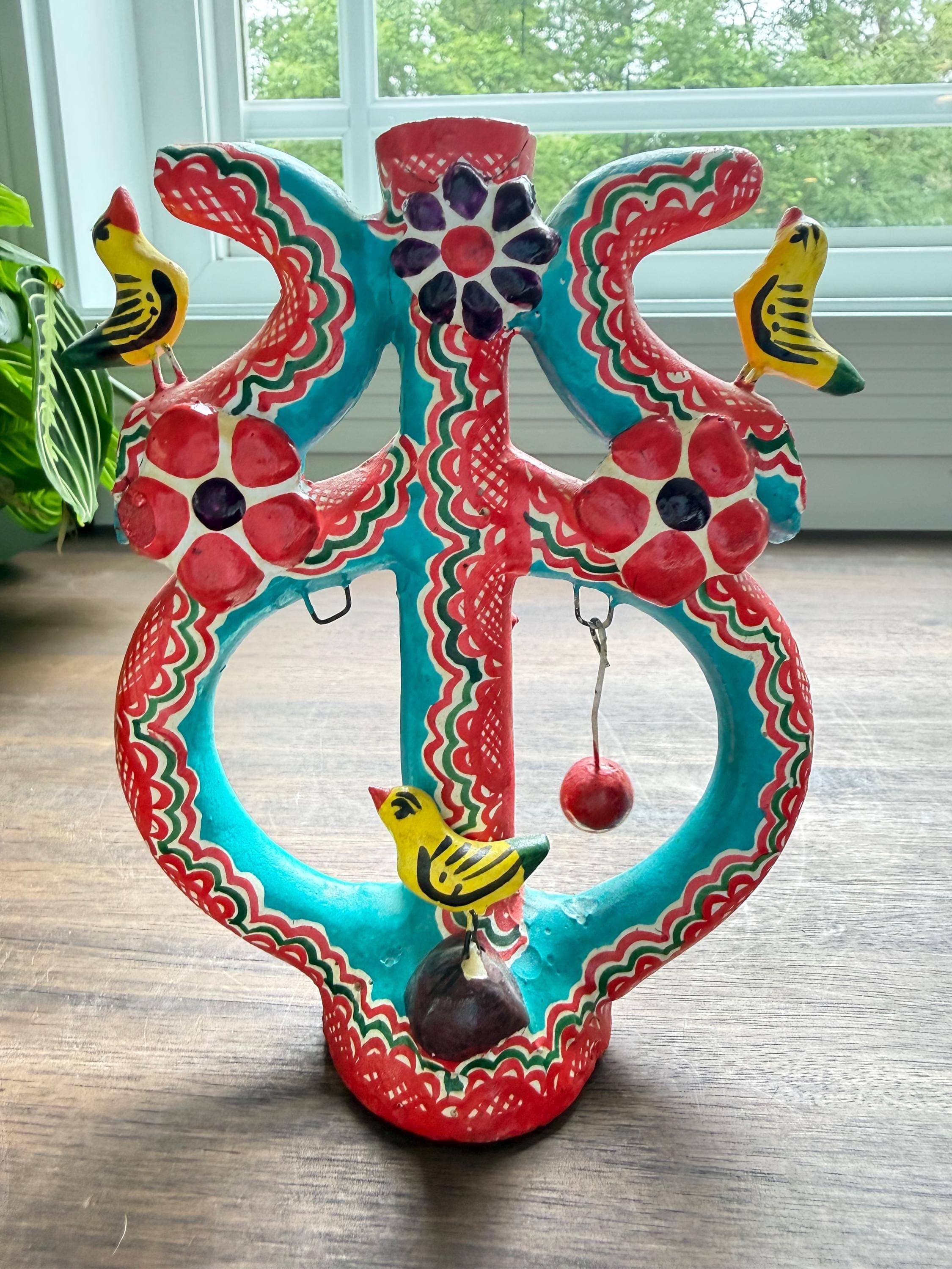 Vintage Mexican Folk Art Candelabra: Hand-Painted Clay Tree of Life, Birds, Hacienda Decor - Thumbnail 2
