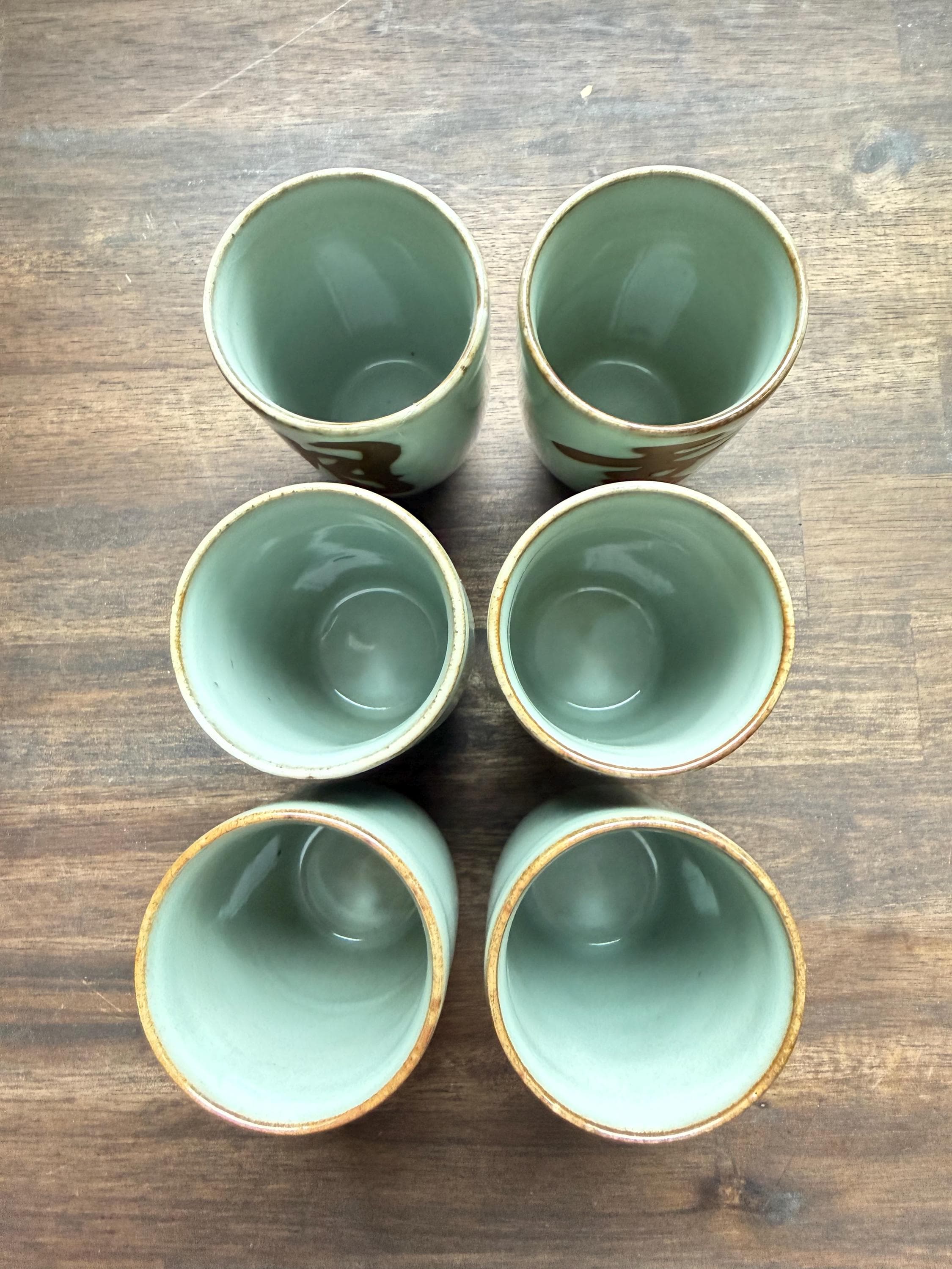 Vintage OMC Japan Tea Cups Set, 6 Hand-Painted Kanji Stoneware Yunomi Cups, Original Box - Thumbnail 3