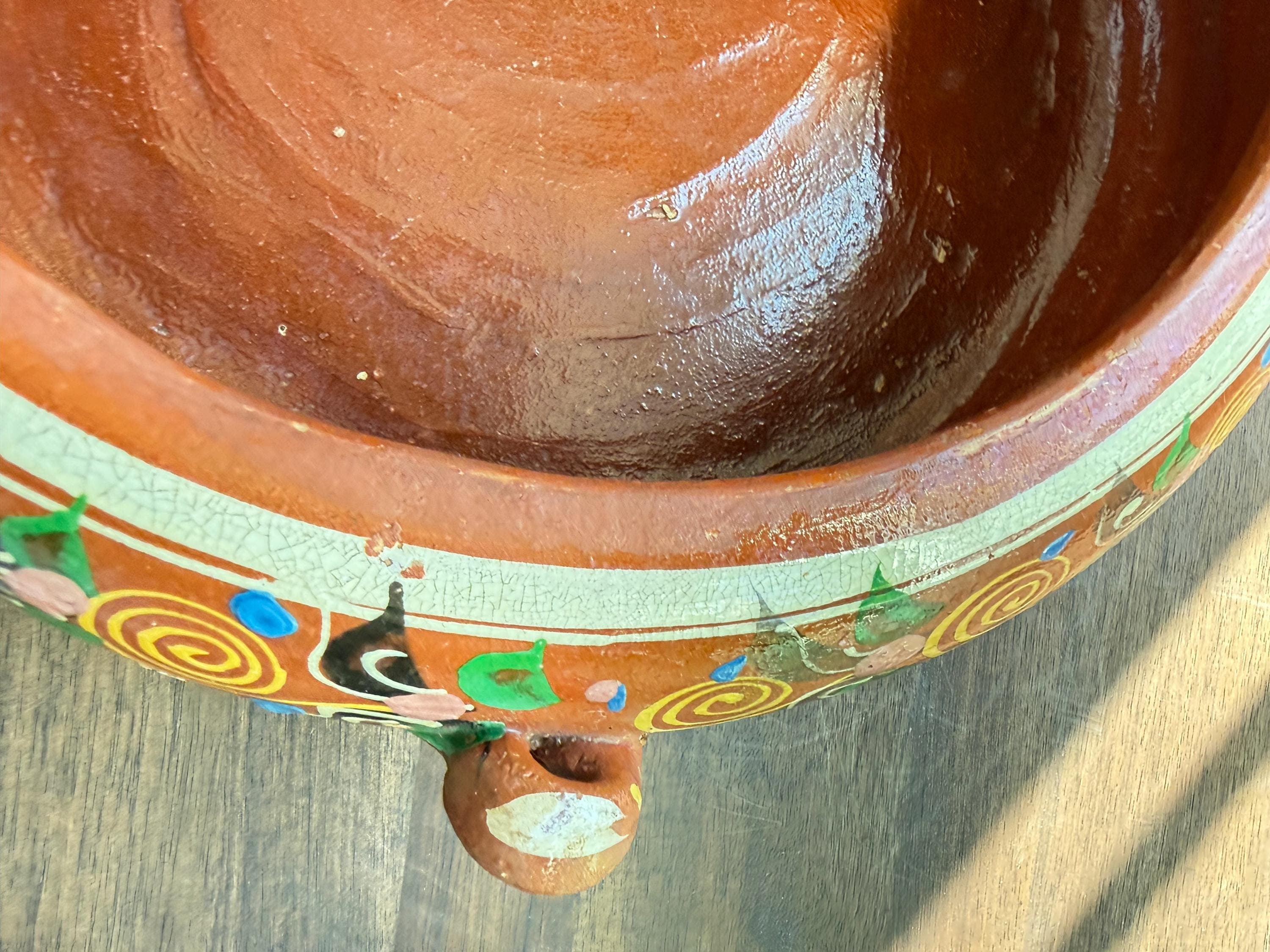 Vintage Tlaquepaque Covered Mexican Bean Pot Red Clay Hand Painted Hacienda Kitchen Decor 1960 - Thumbnail 14