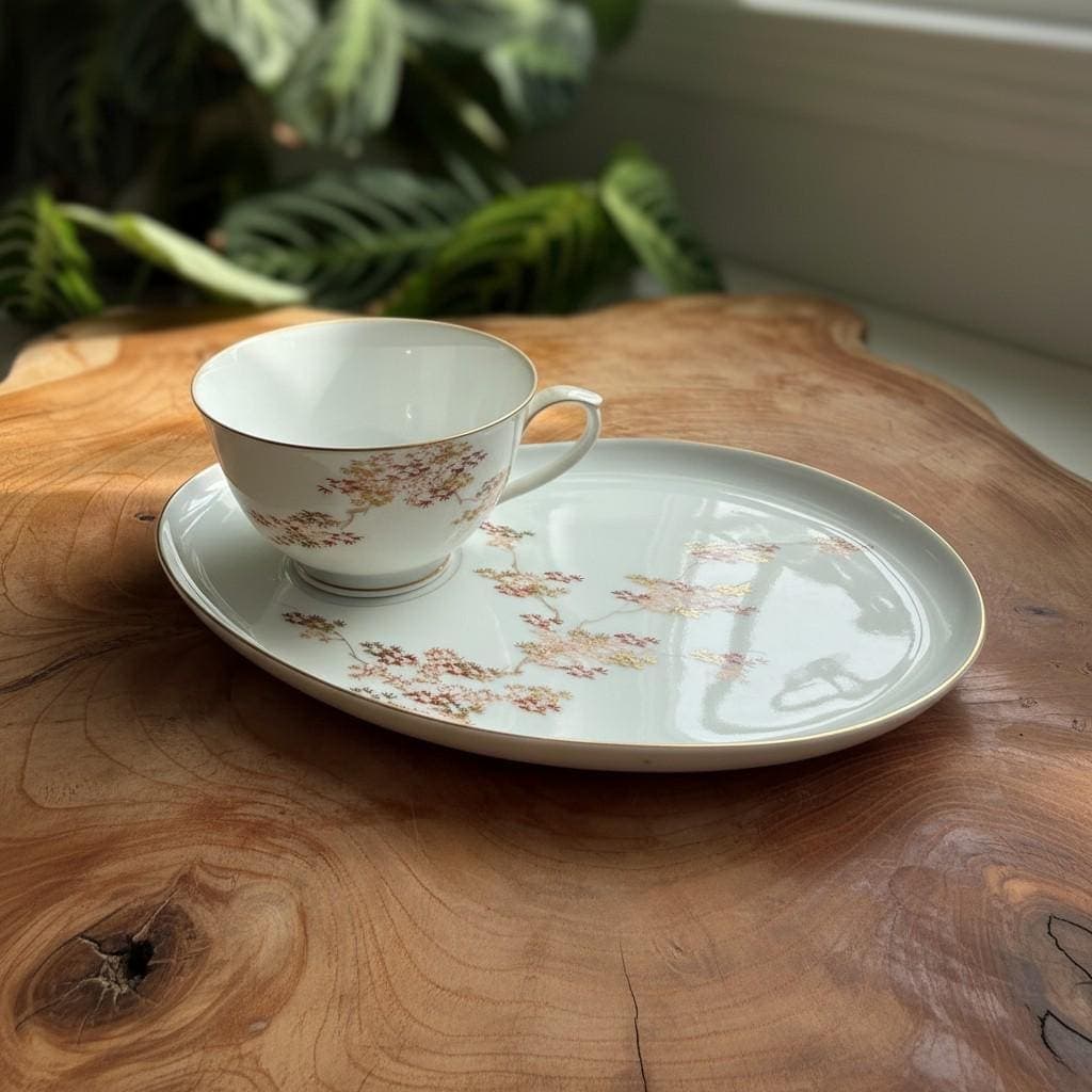 Fukagawa Arita Maple Snack Set: Japanese Porcelain Cup and Plate - Thumbnail 2