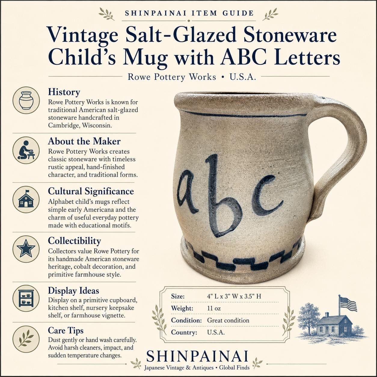 Vintage Rowe Pottery ABC Child's Mug, Salt-Glazed Stoneware Farmhouse Decor - Thumbnail 11