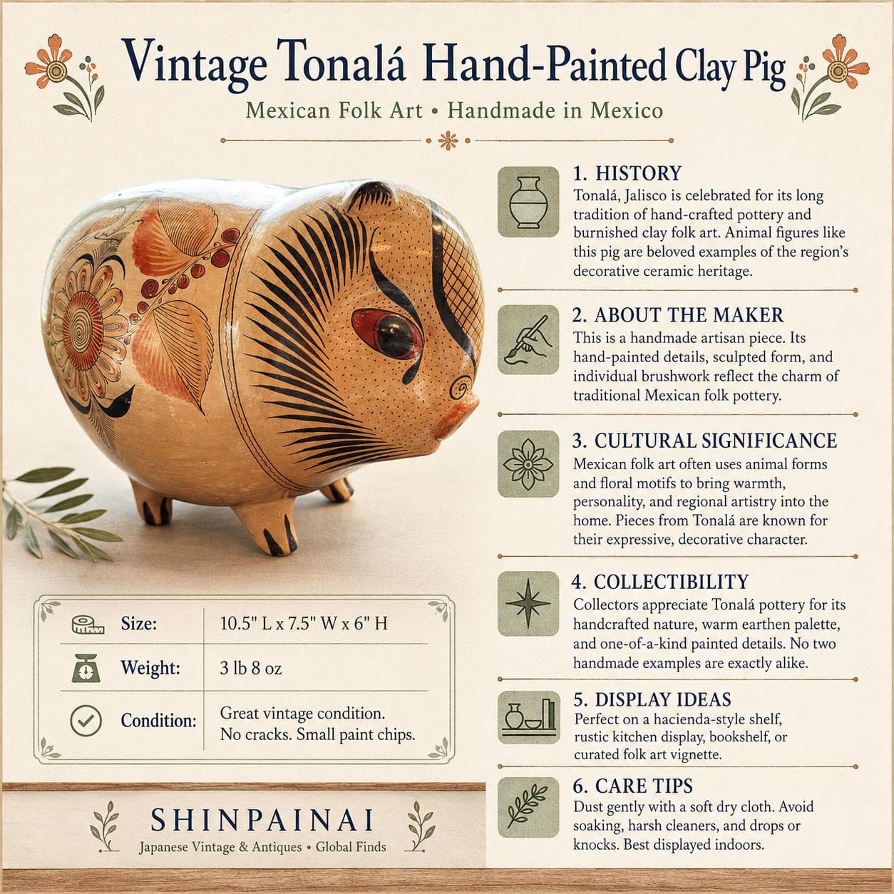 Vintage Tonalá Hand Painted Clay Pig: Mexican Folk Art Hacienda Decor - Thumbnail 16