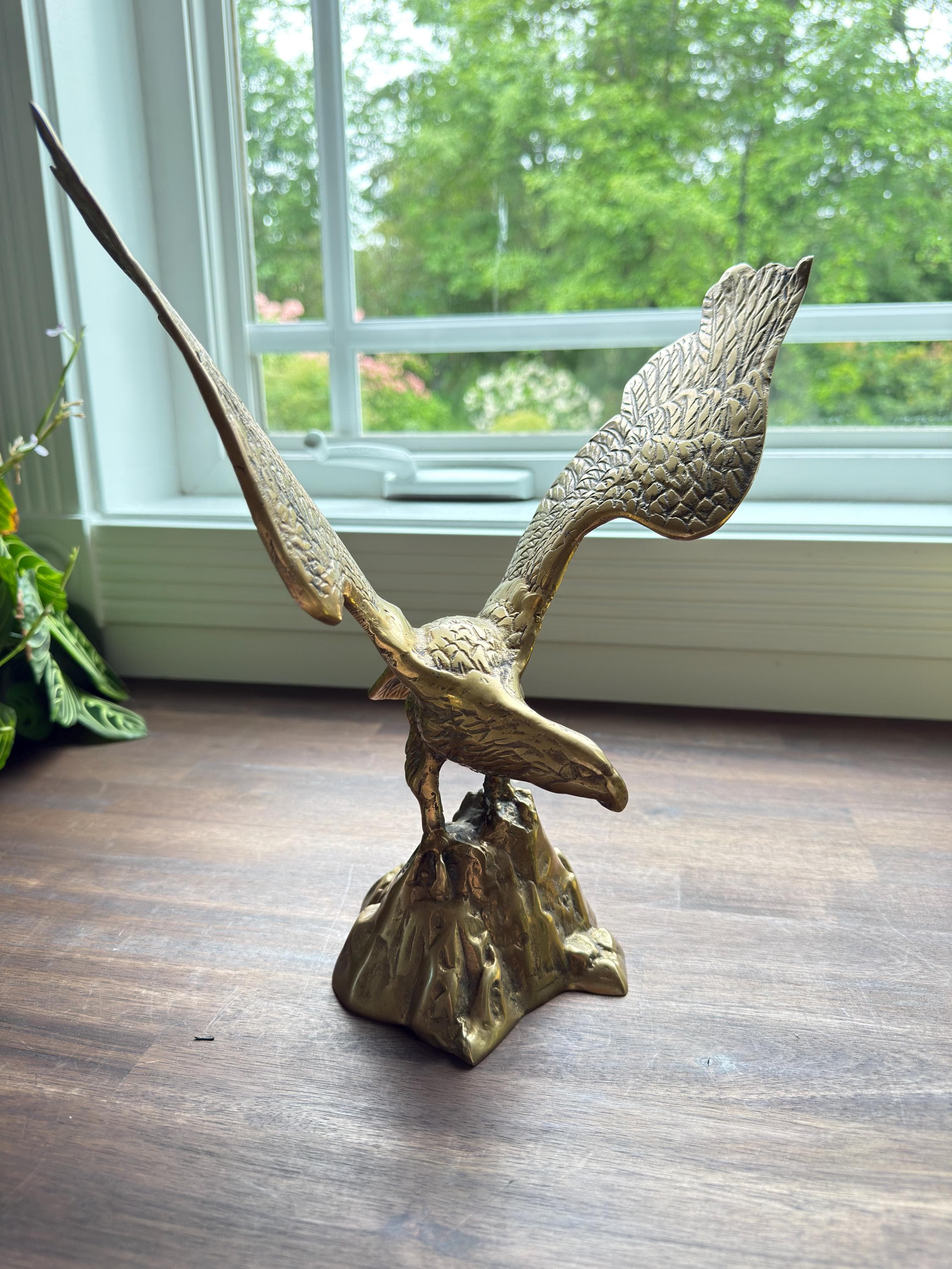 Vintage Brass Eagle Sculpture Perched on Rock Large Mid Century Wildlife Figurine Decor - Thumbnail 4