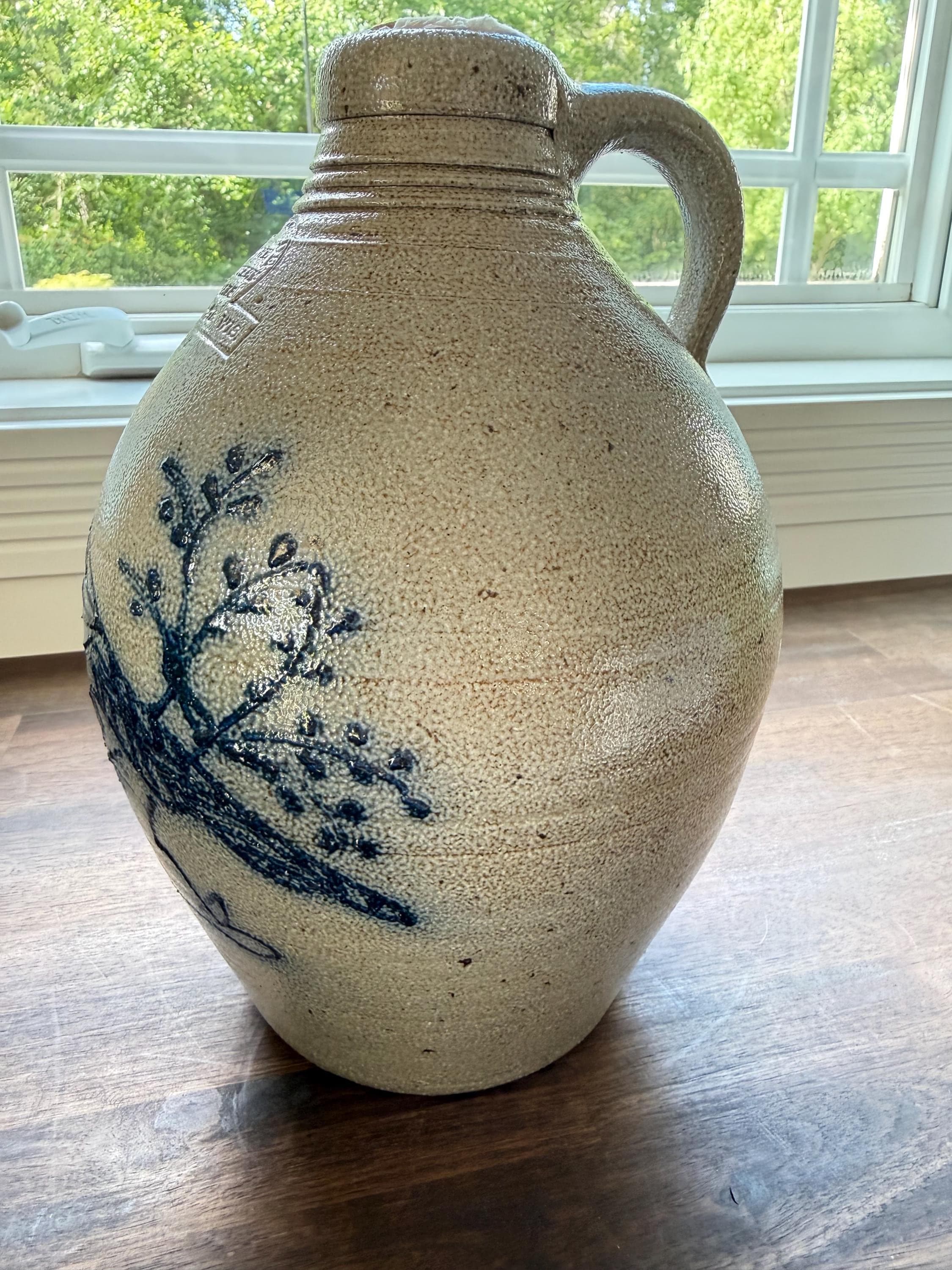 Rowe Pottery Works Salt Glaze Stoneware Jug: Cobalt Blue Bird Vase - Thumbnail 4