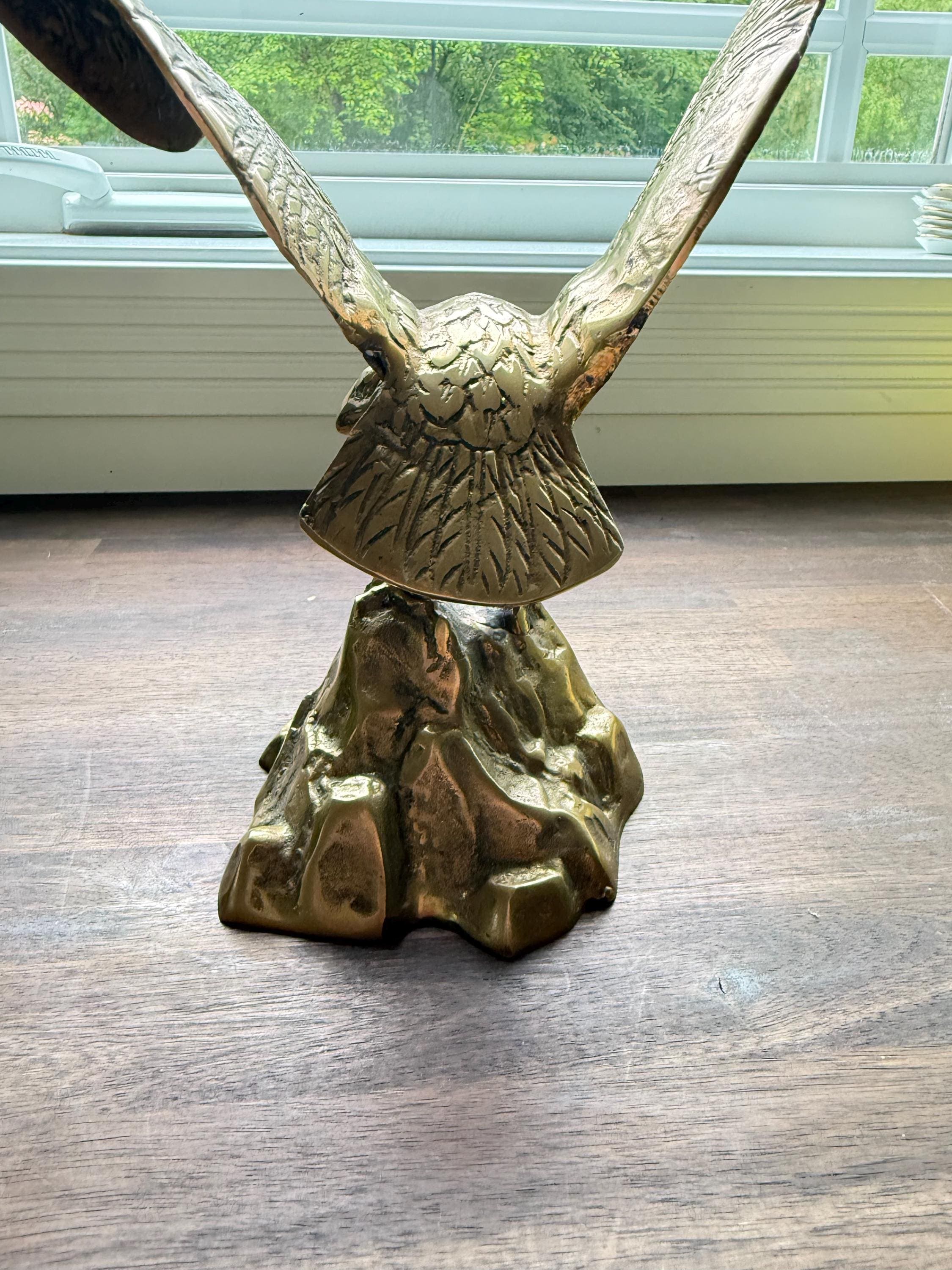 Vintage Brass Eagle Sculpture Perched on Rock Large Mid Century Wildlife Figurine Decor - Thumbnail 8