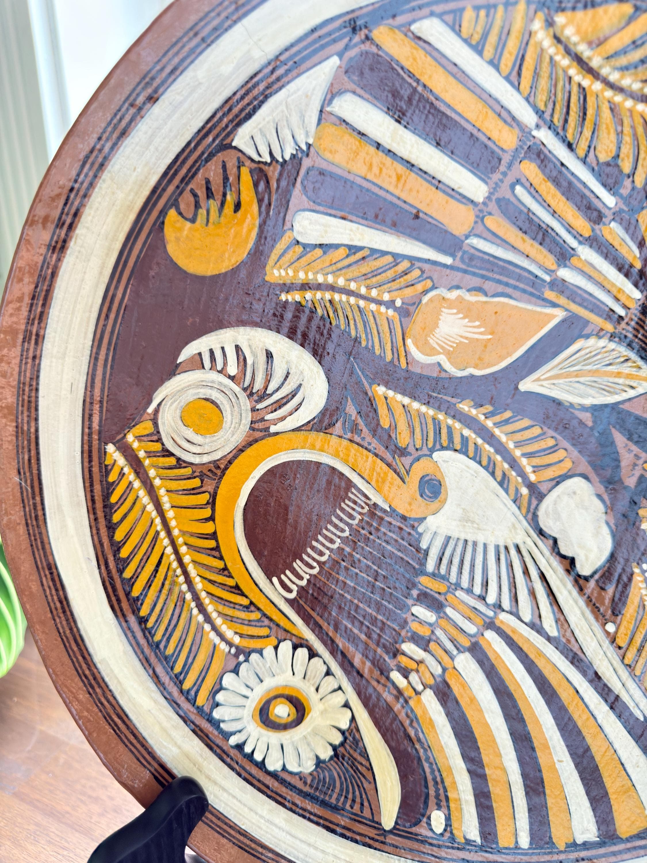 Vintage Mexican Folk Art Clay Decorative Plate Birds Handmade Hacienda Wall Decor 1960 - Thumbnail 3