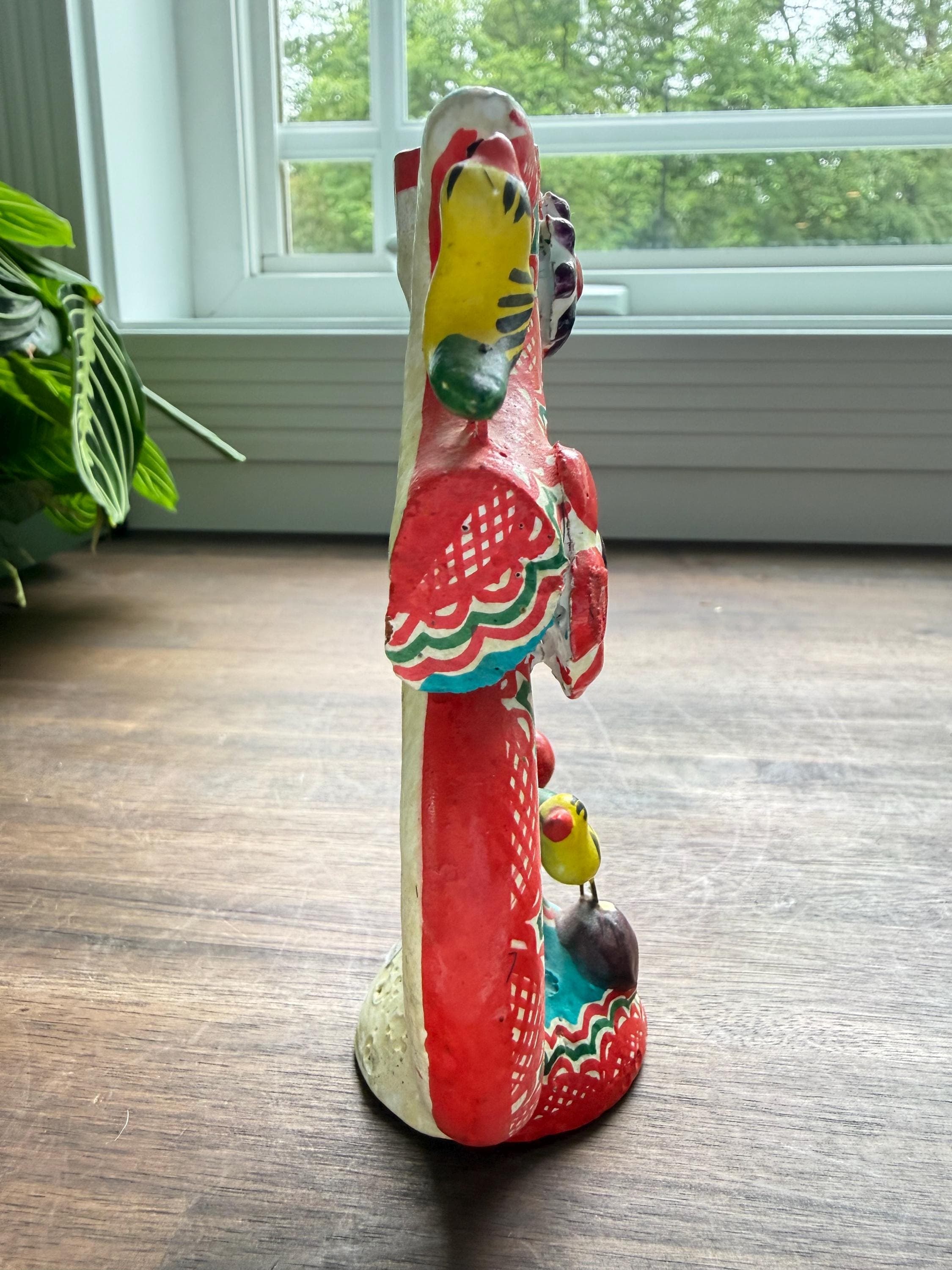 Vintage Mexican Folk Art Candelabra: Hand-Painted Clay Tree of Life, Birds, Hacienda Decor - Thumbnail 12