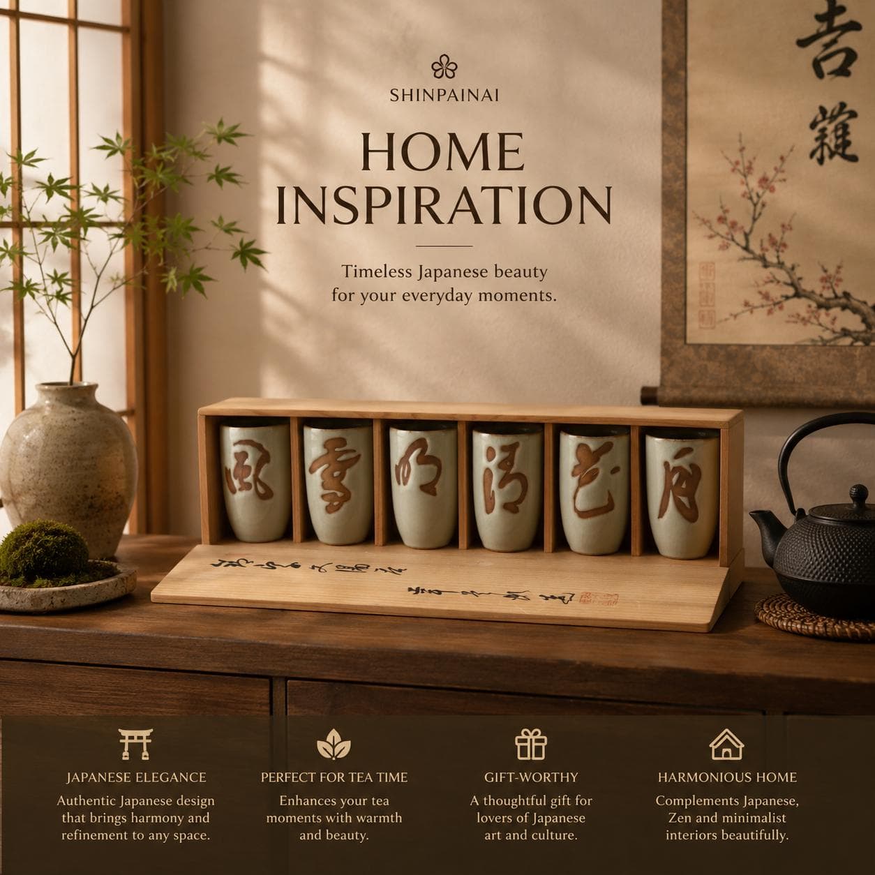 Vintage OMC Japan Tea Cups Set, 6 Hand-Painted Kanji Stoneware Yunomi Cups, Original Box - Thumbnail 13
