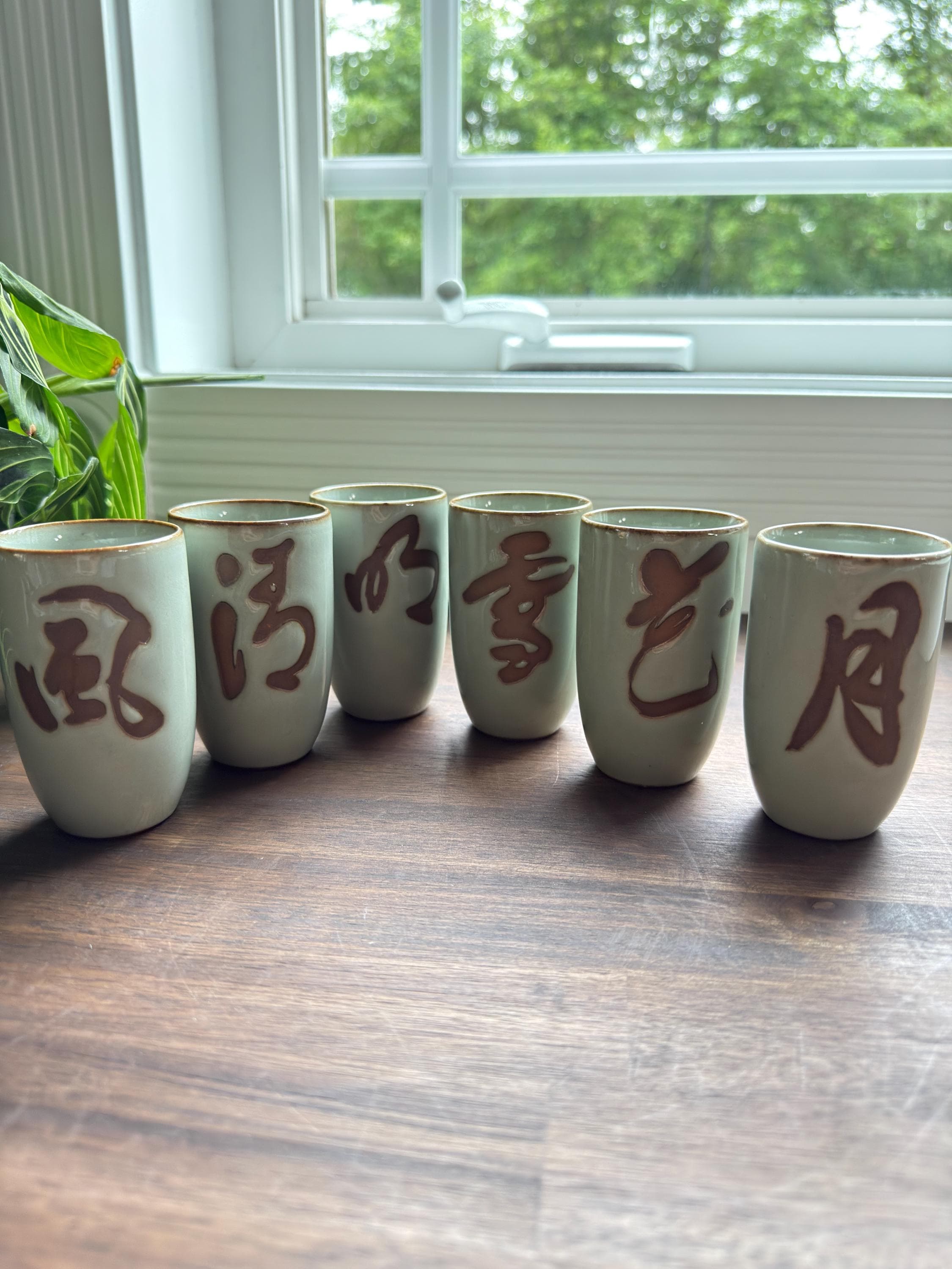 Vintage OMC Japan Tea Cups Set, 6 Hand-Painted Kanji Stoneware Yunomi Cups, Original Box - Thumbnail 2