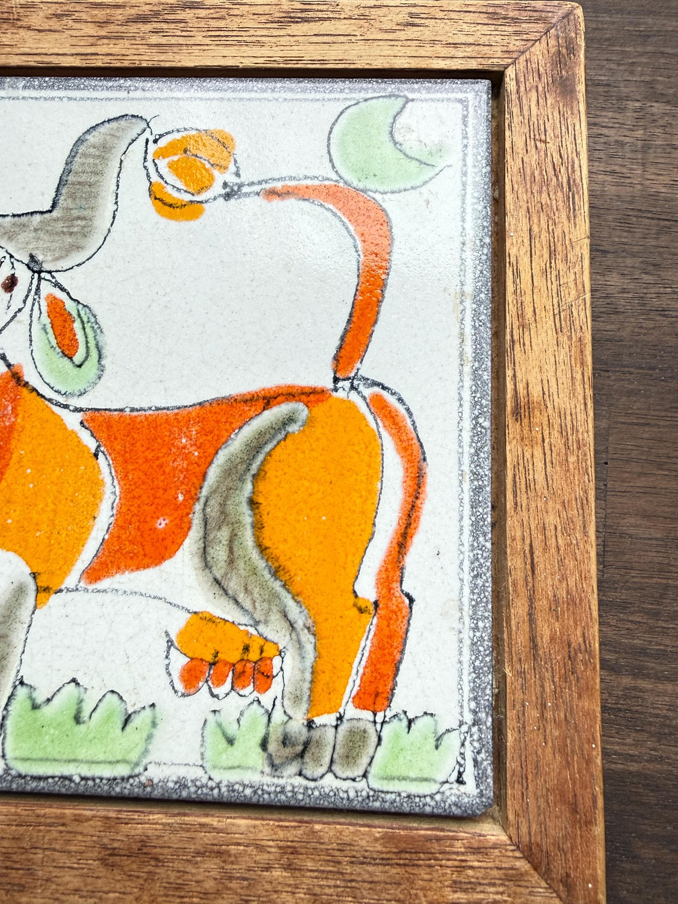 Vintage Ceramiche De Simone Hand-Painted Italian Folk Art Tile – MCM Wood Framed Wall Decor - Thumbnail 6