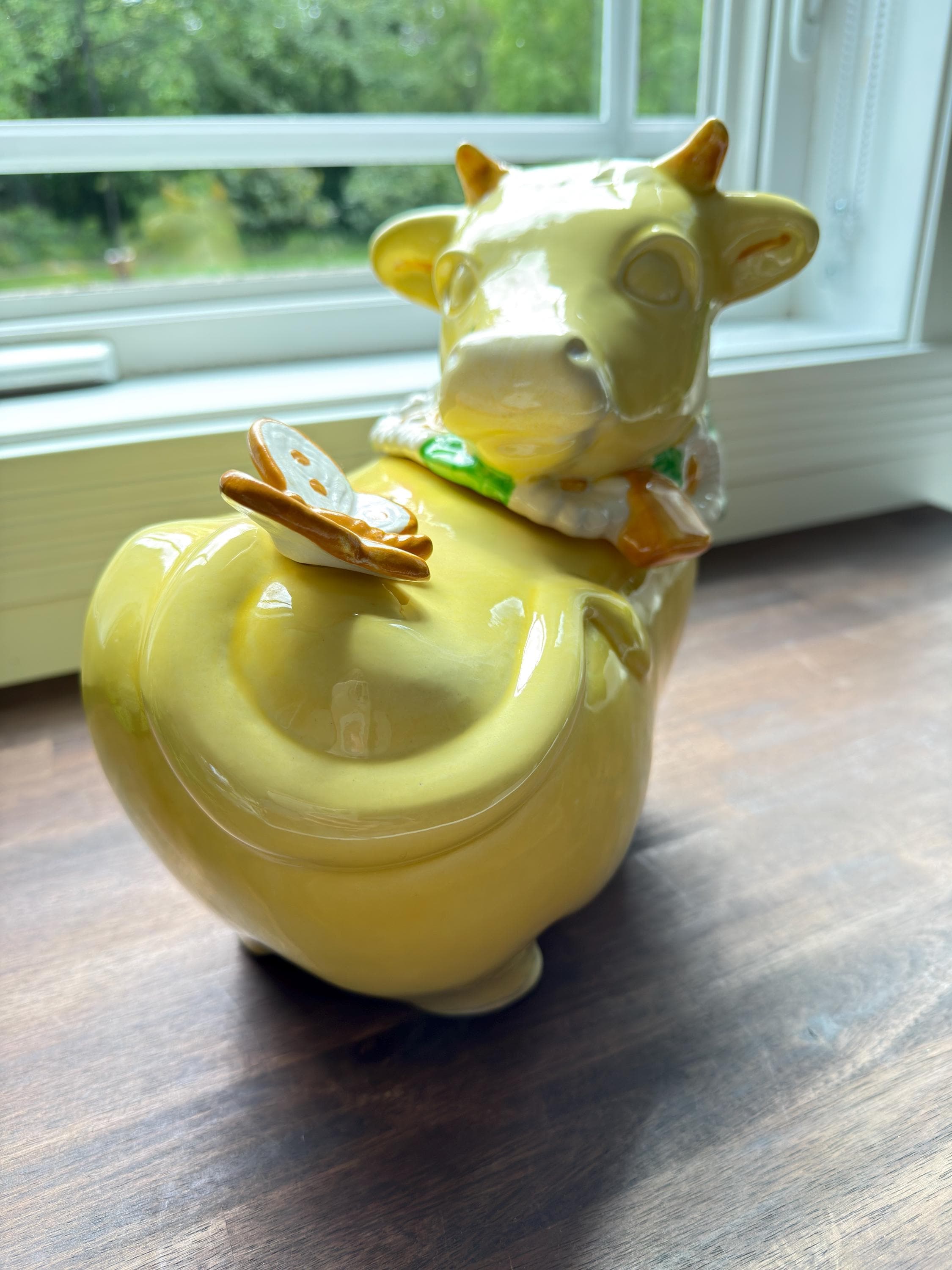 Vintage Metlox Poppytrail Daisy Bull Horn Cow Cookie Jar Yellow Butterfly California Pottery - Thumbnail 2