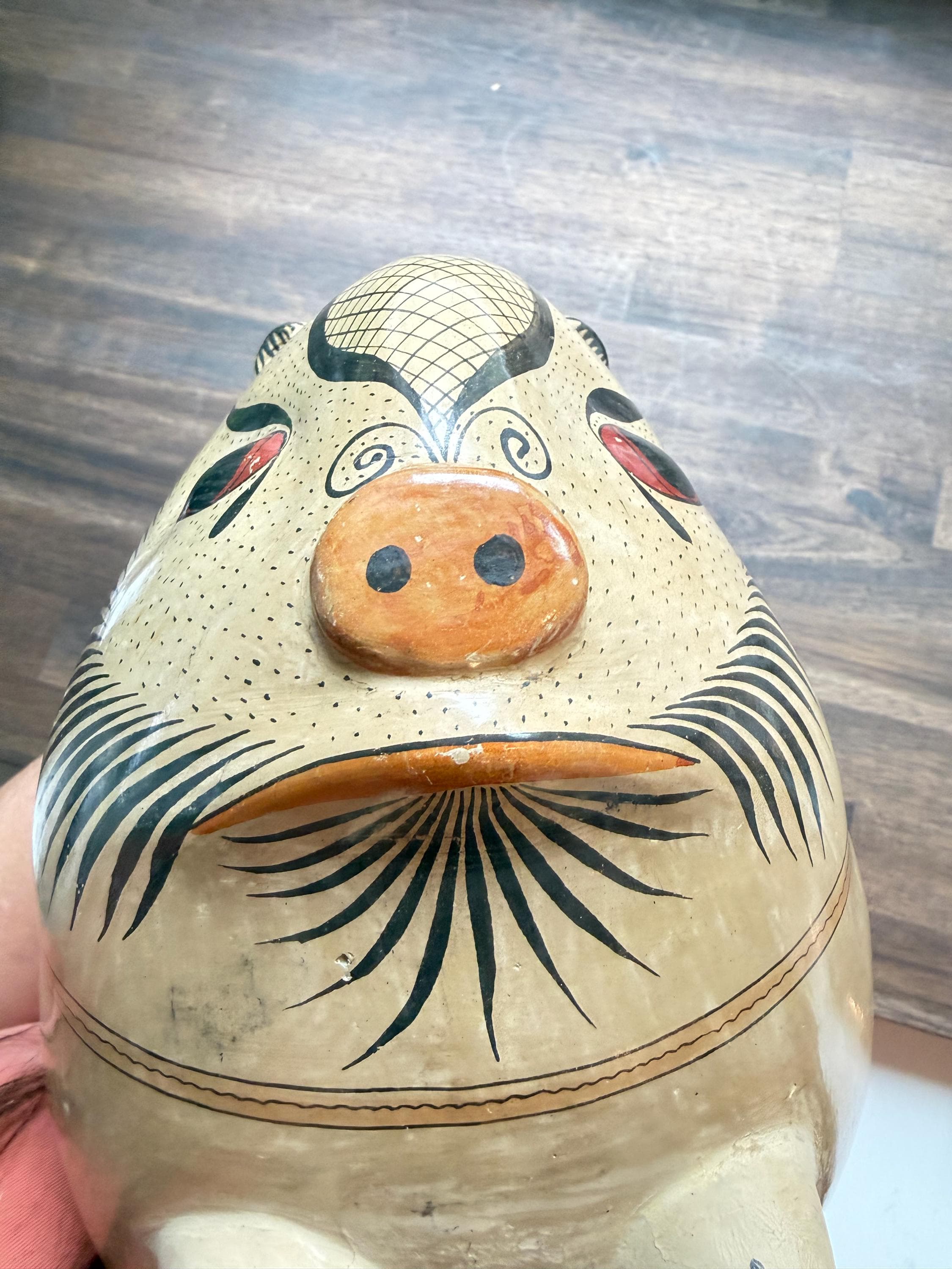 Vintage Tonalá Hand Painted Clay Pig: Mexican Folk Art Hacienda Decor - Thumbnail 8
