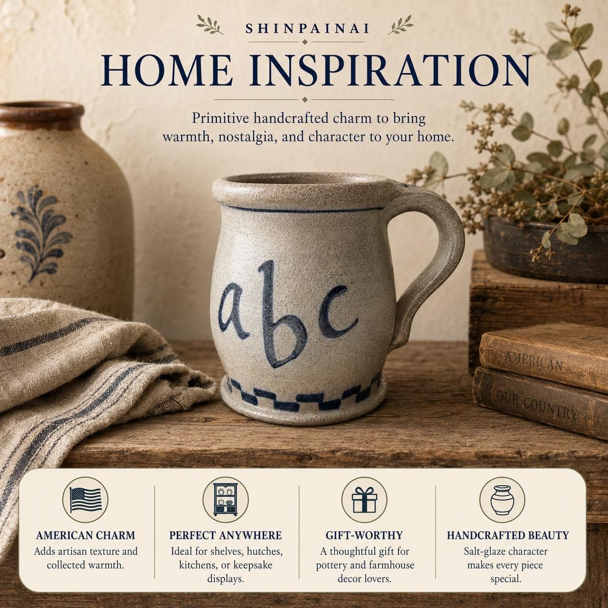 Vintage Rowe Pottery ABC Child's Mug, Salt-Glazed Stoneware Farmhouse Decor - Thumbnail 12