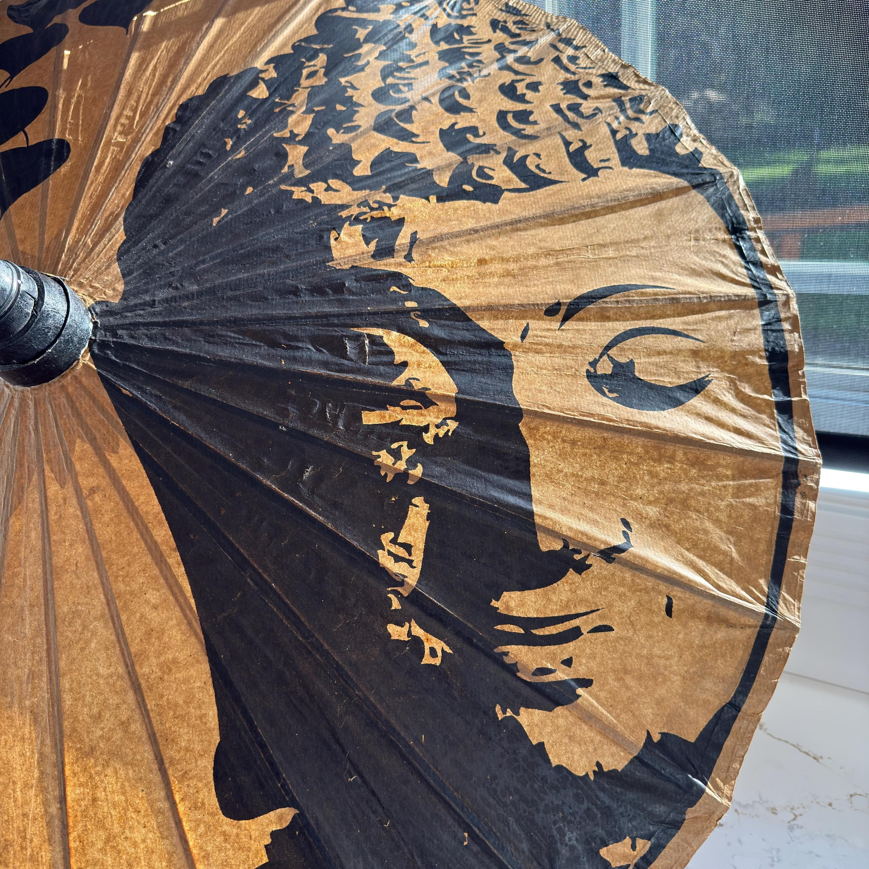 Vintage Japanese Paper Parasol | Hand-Painted Bamboo, Wabi Sabi Decor - Thumbnail 3