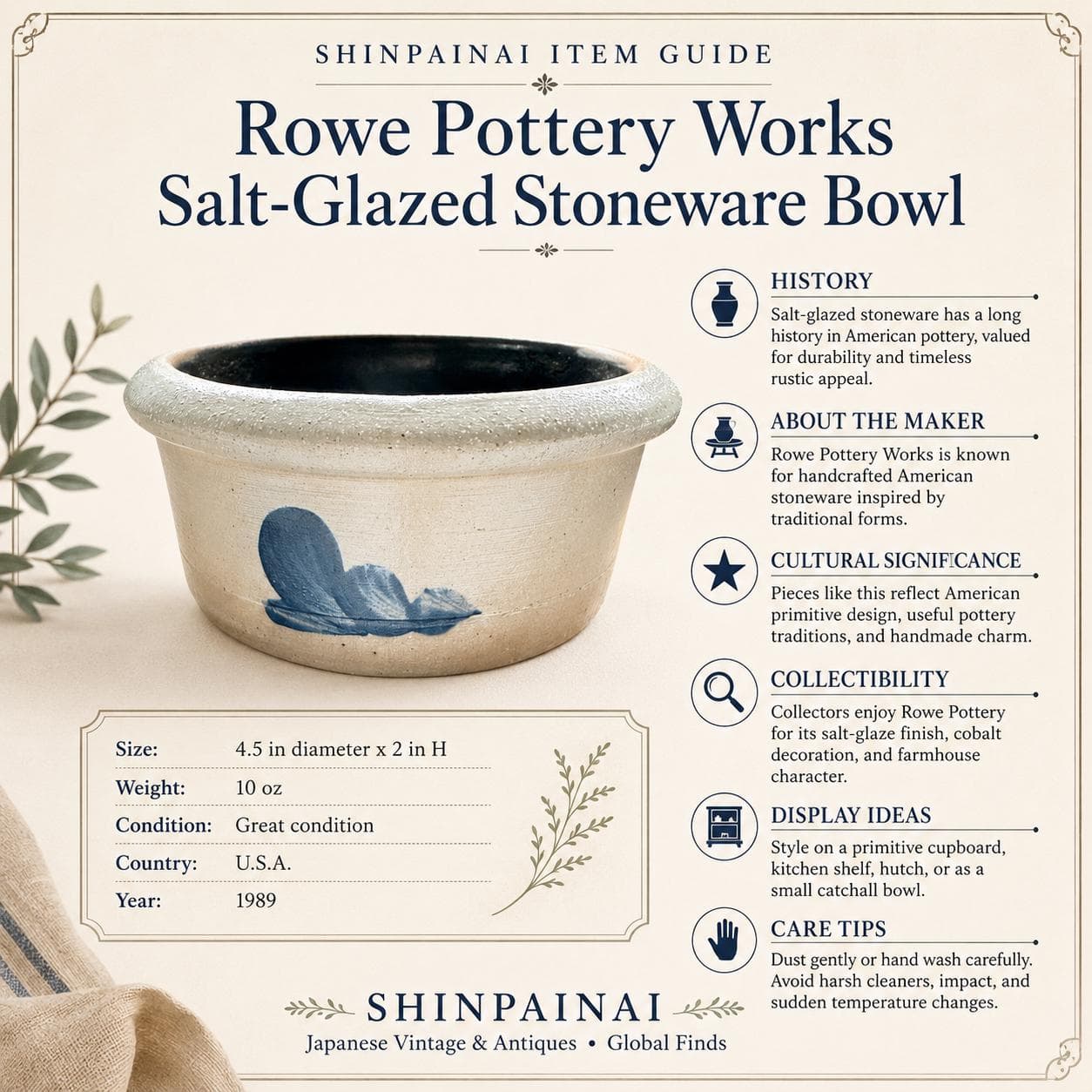 Vintage Rowe Pottery Works Salt Glazed Stoneware Bowl Cobalt Blue Motif American Primitive 1989 - Thumbnail 9