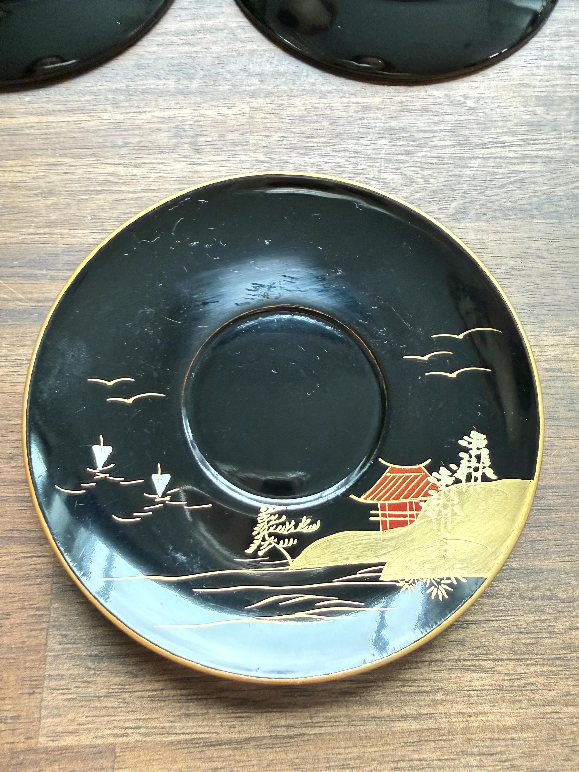 Vintage Japanese Black Lacquer Tea Set – Hand-Painted Gold Gilded Scenic Cups, Saucers, Spoons - Thumbnail 11