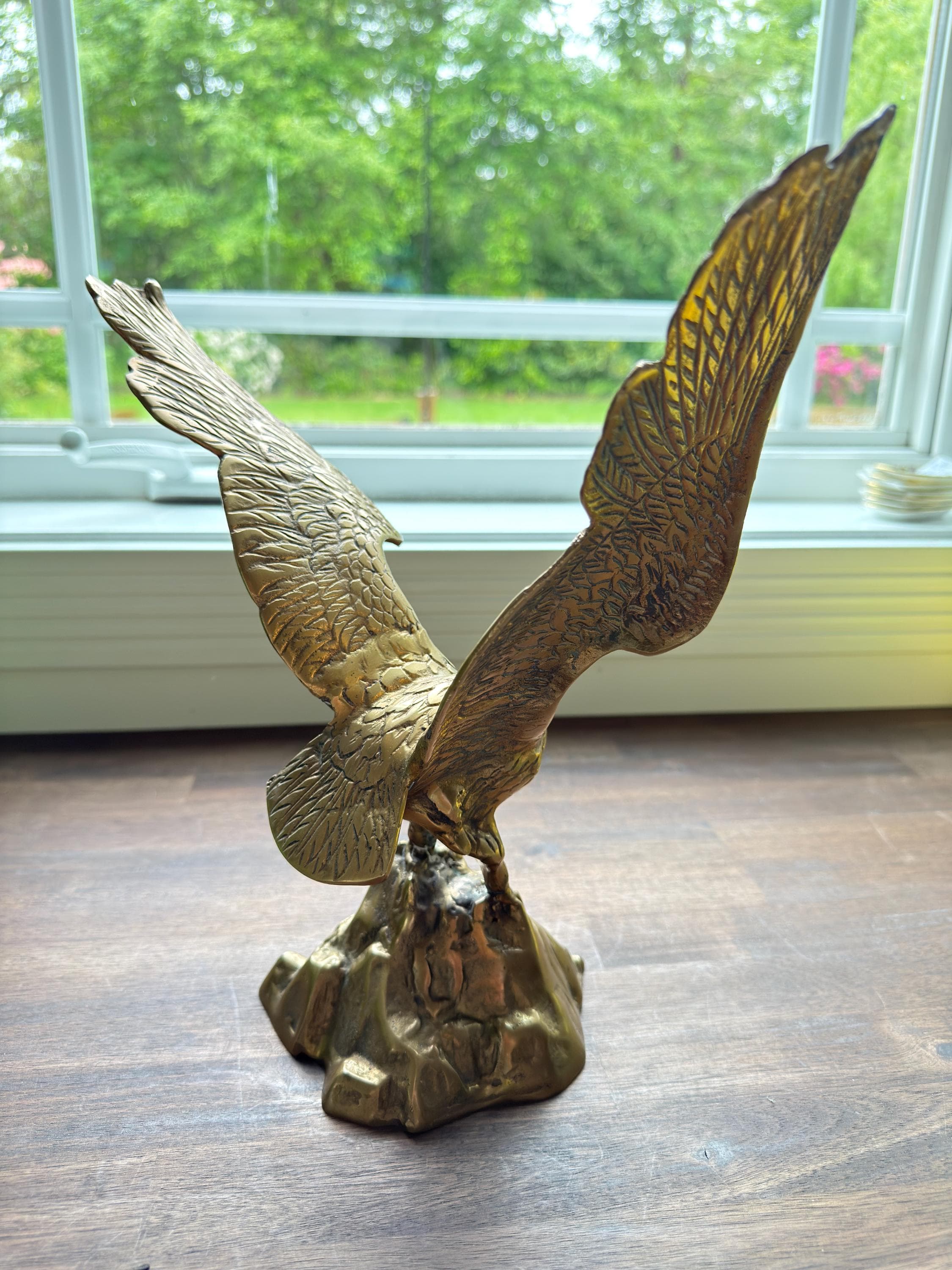 Vintage Brass Eagle Sculpture Perched on Rock Large Mid Century Wildlife Figurine Decor - Thumbnail 2