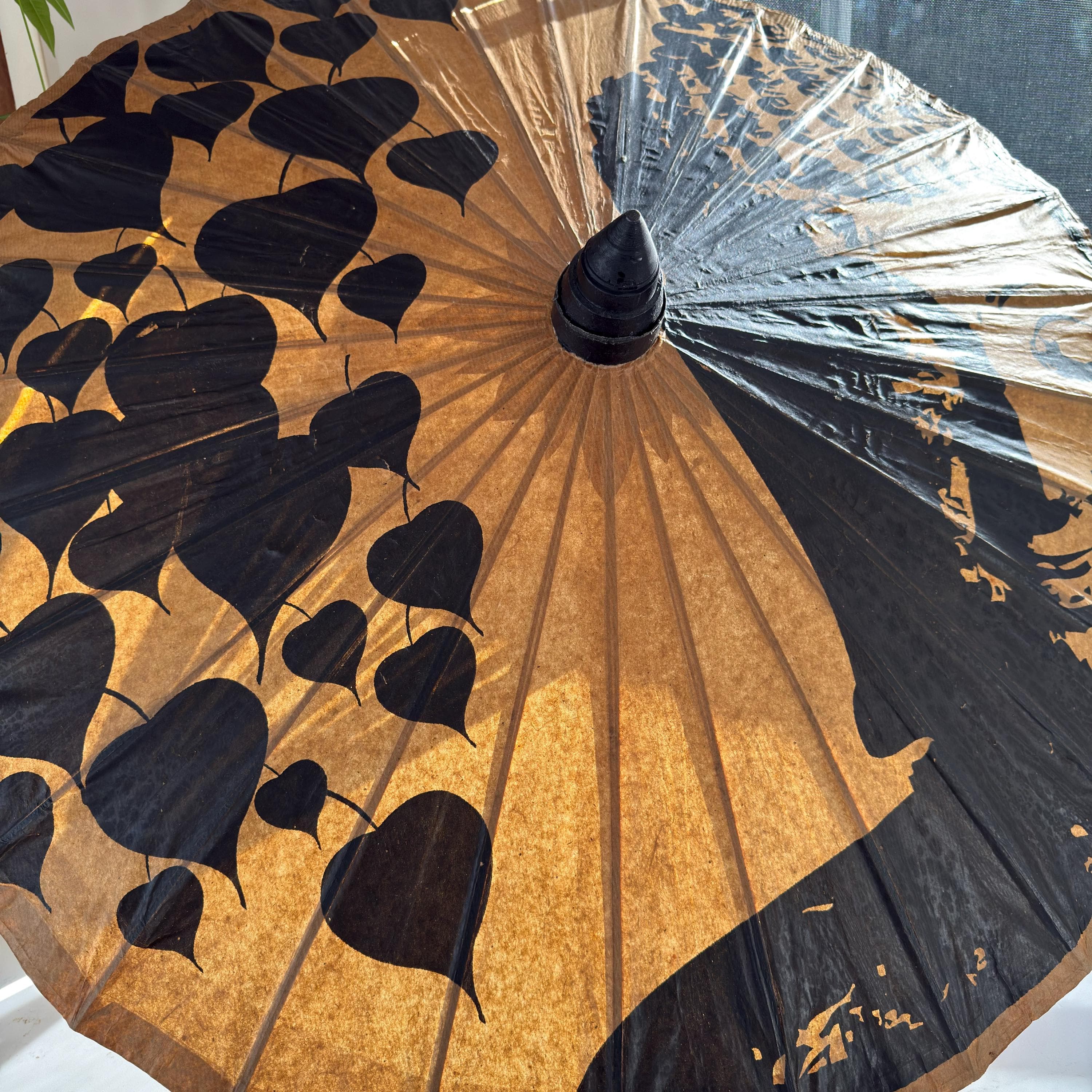 Vintage Japanese Paper Parasol | Hand-Painted Bamboo, Wabi Sabi Decor - Thumbnail 4