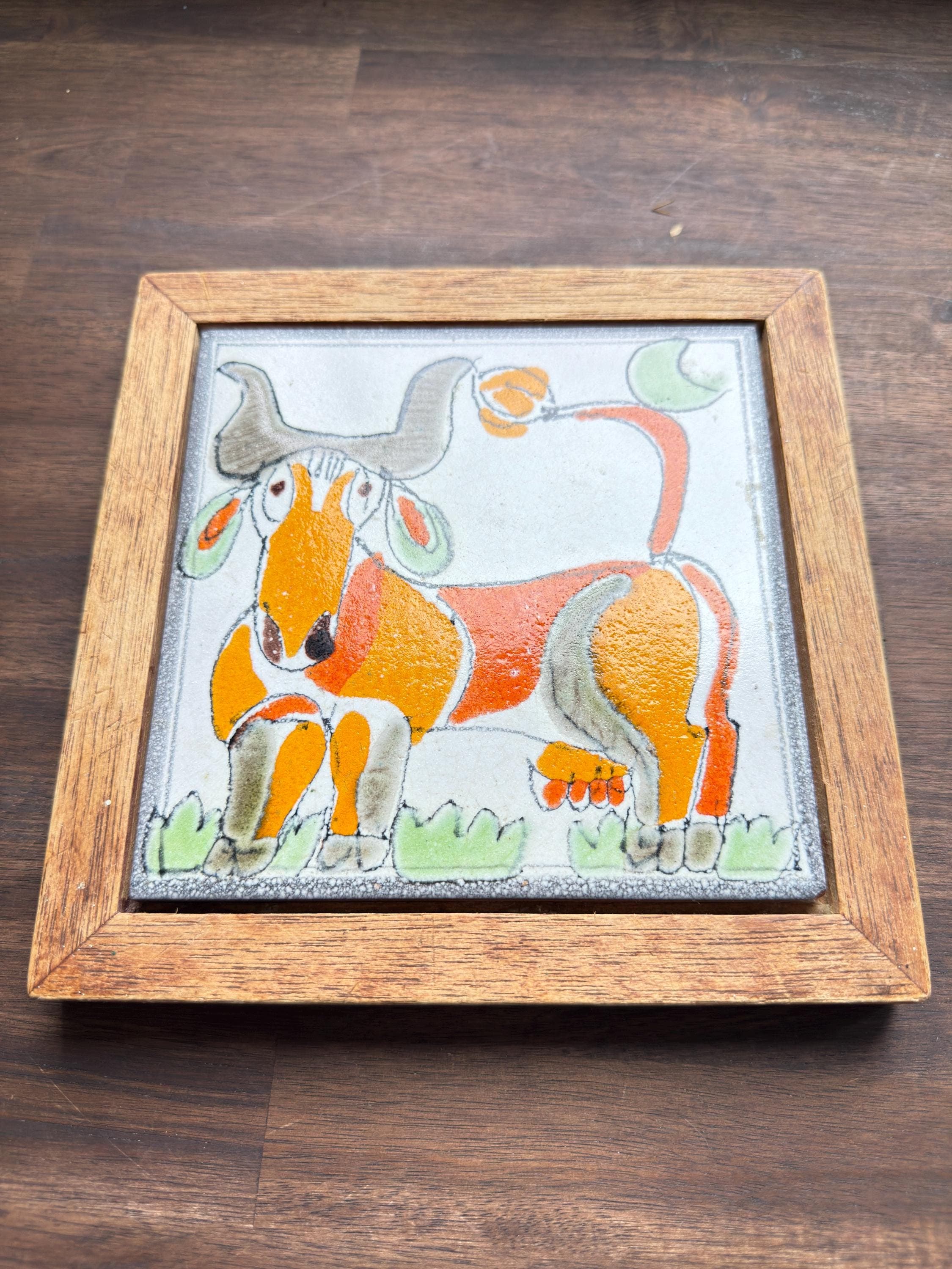Vintage Ceramiche De Simone Hand-Painted Italian Folk Art Tile – MCM Wood Framed Wall Decor - Thumbnail 3