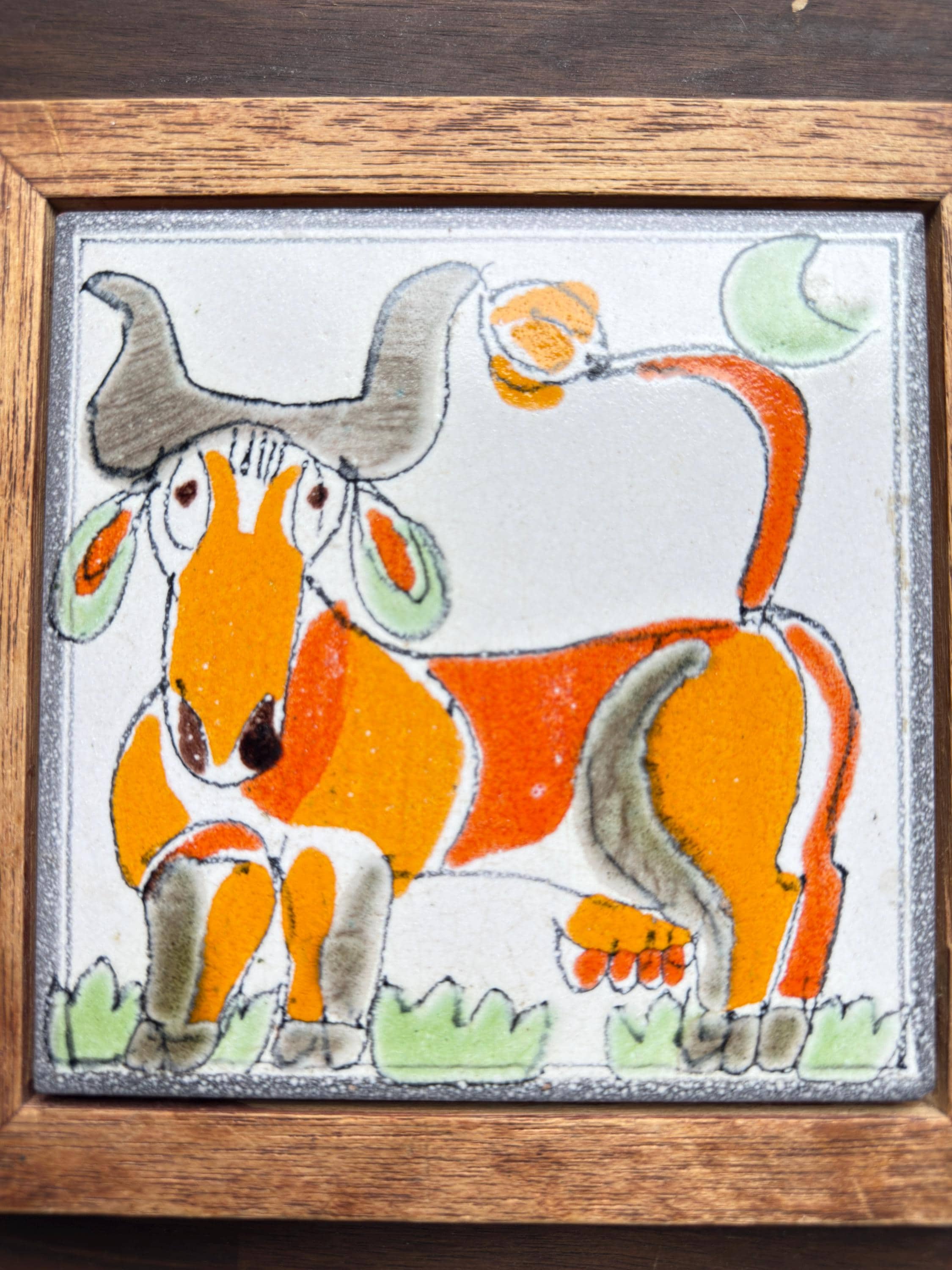 Vintage Ceramiche De Simone Hand-Painted Italian Folk Art Tile – MCM Wood Framed Wall Decor - Thumbnail 2