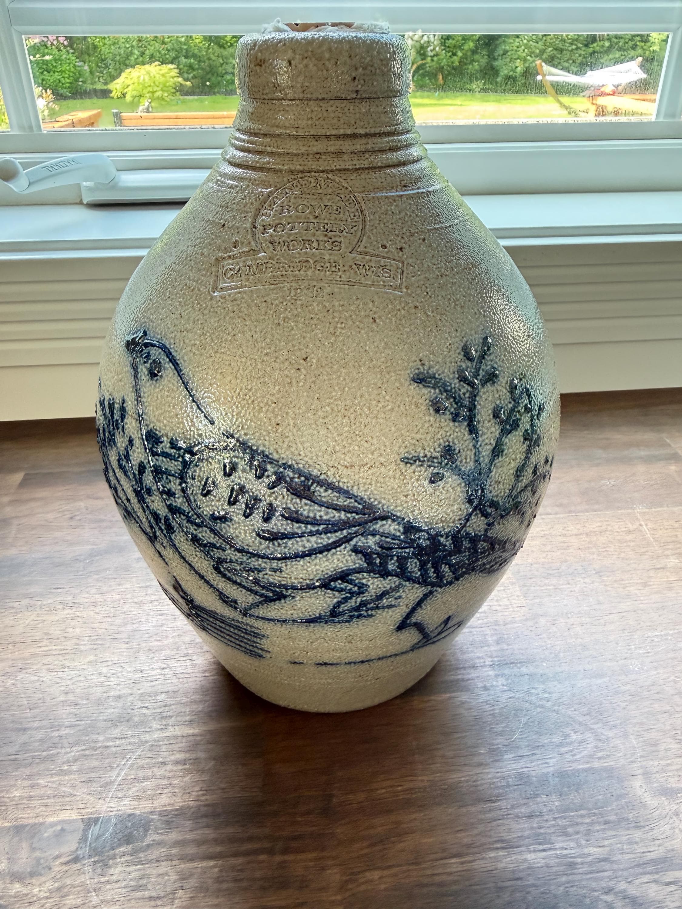 Rowe Pottery Works Salt Glaze Stoneware Jug: Cobalt Blue Bird Vase - Thumbnail 3