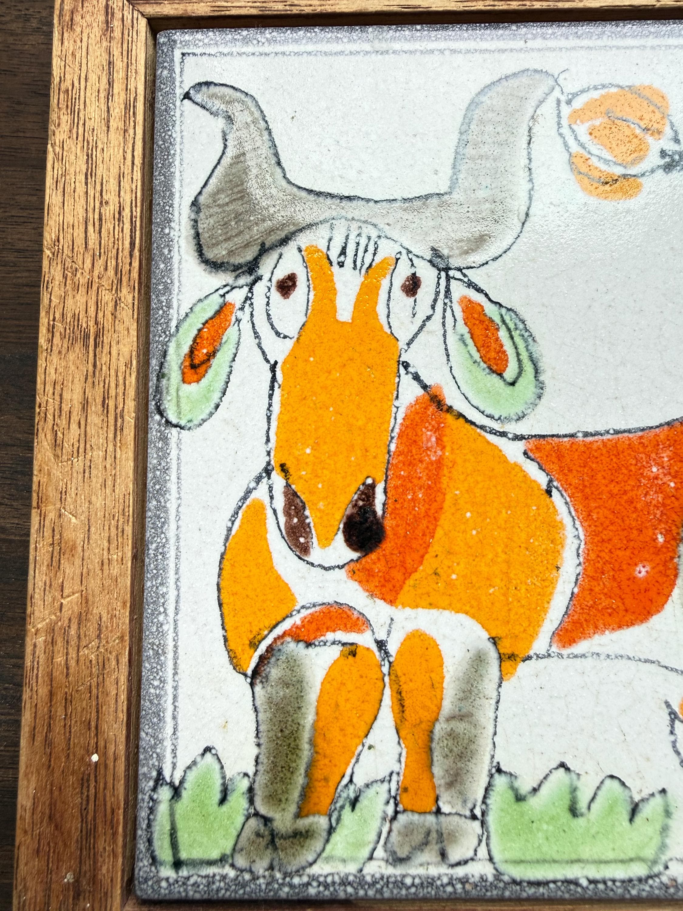 Vintage Ceramiche De Simone Hand-Painted Italian Folk Art Tile – MCM Wood Framed Wall Decor - Thumbnail 5