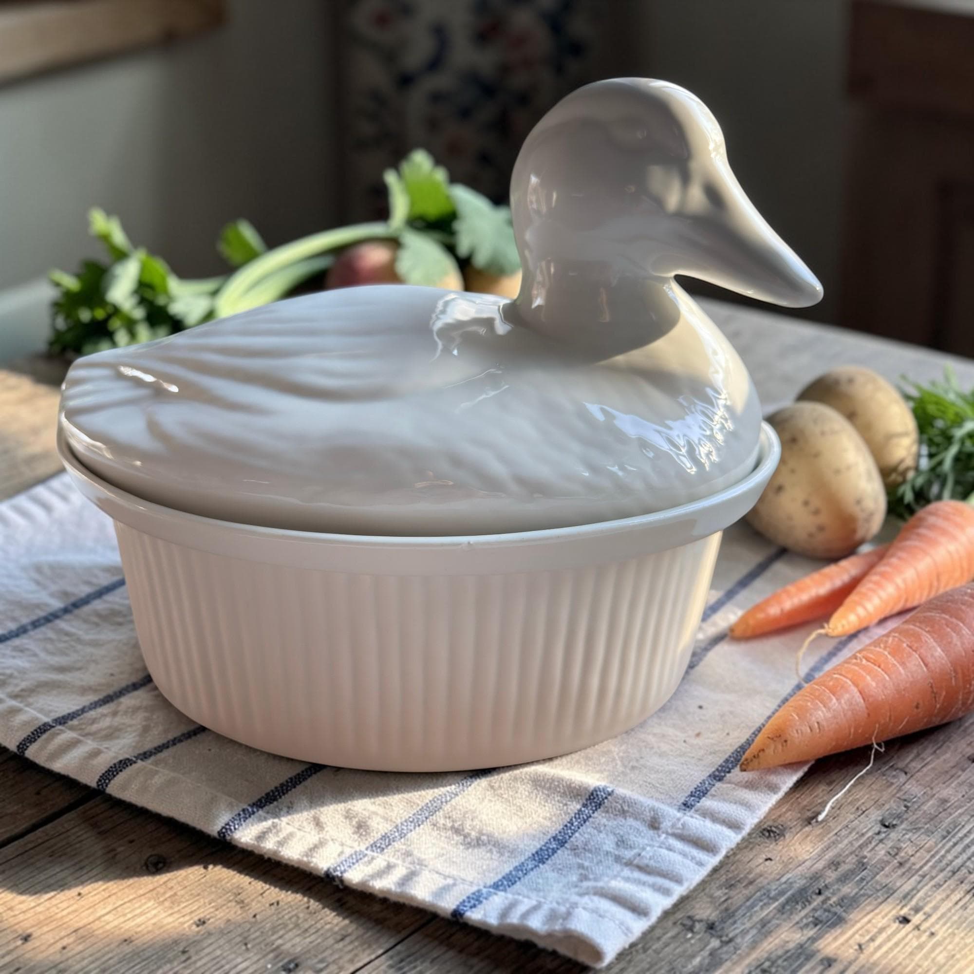 Vintage California Pottery White Duck 10" Casserole Dish with Lid | 697-43 - Thumbnail 2