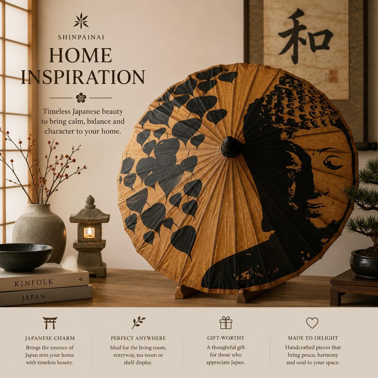 Vintage Japanese Paper Parasol | Hand-Painted Bamboo, Wabi Sabi Decor - Thumbnail 18