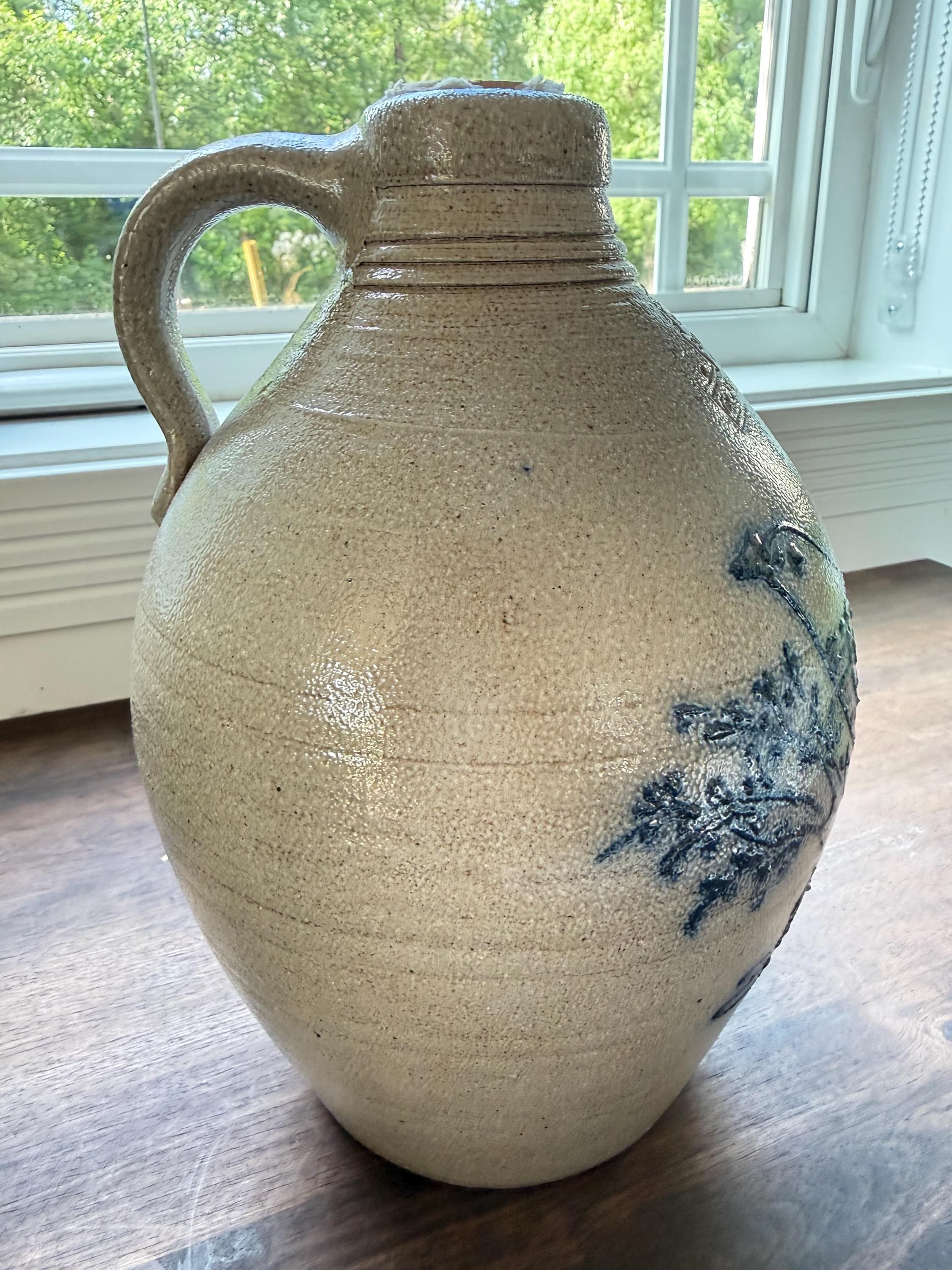 Rowe Pottery Works Salt Glaze Stoneware Jug: Cobalt Blue Bird Vase - Thumbnail 5