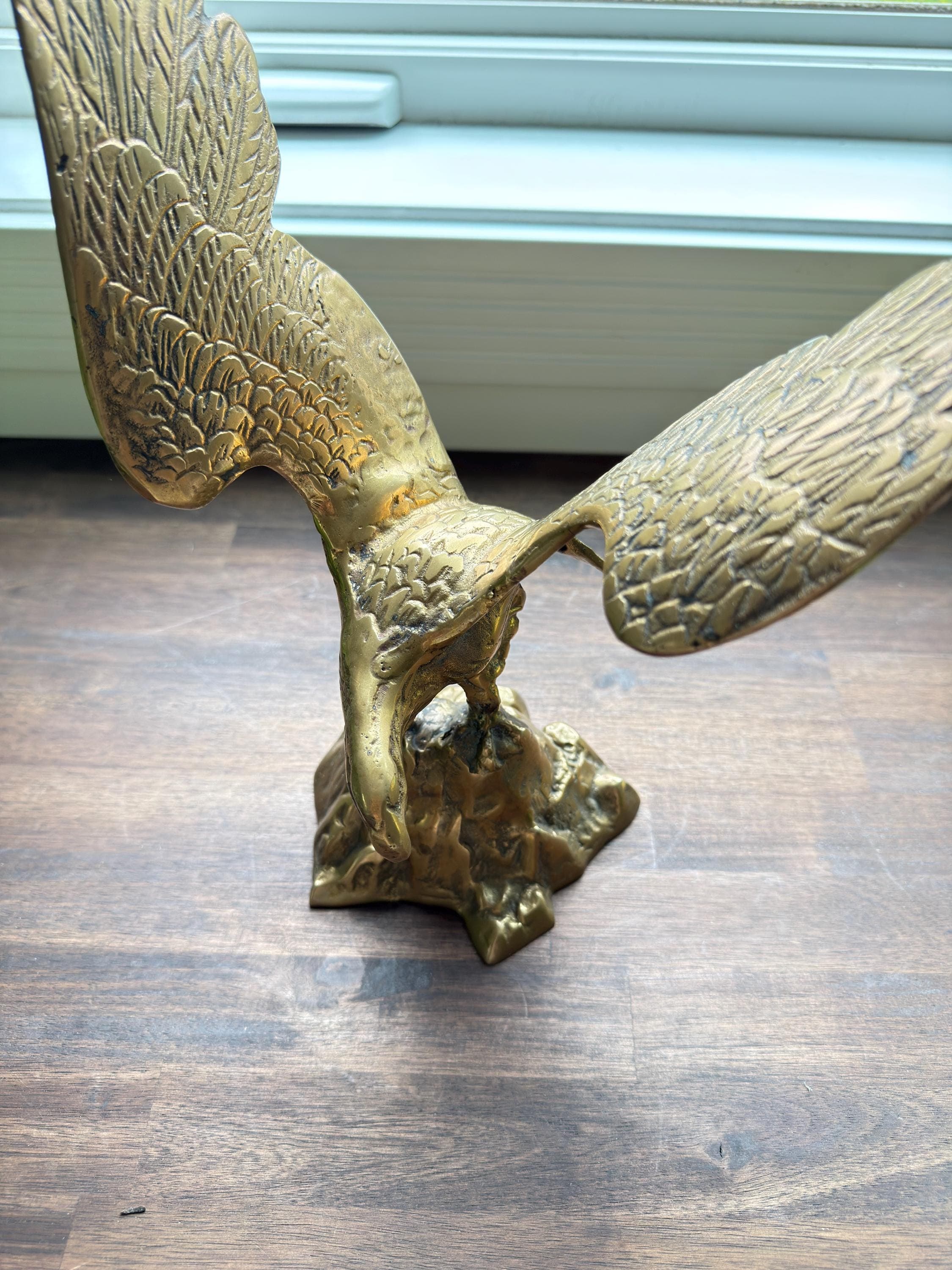 Vintage Brass Eagle Sculpture Perched on Rock Large Mid Century Wildlife Figurine Decor - Thumbnail 5