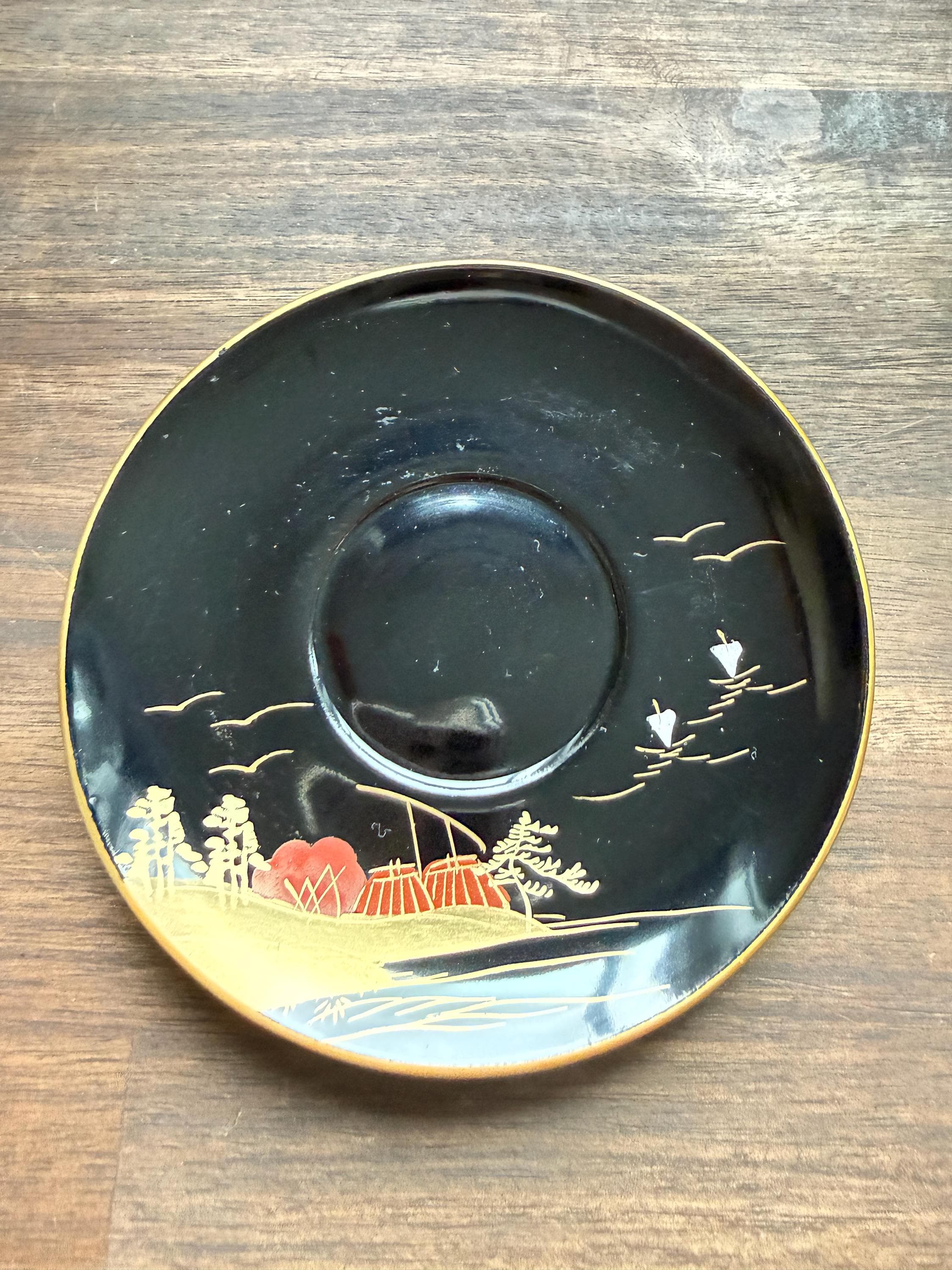 Vintage Japanese Black Lacquer Tea Set – Hand-Painted Gold Gilded Scenic Cups, Saucers, Spoons - Thumbnail 10