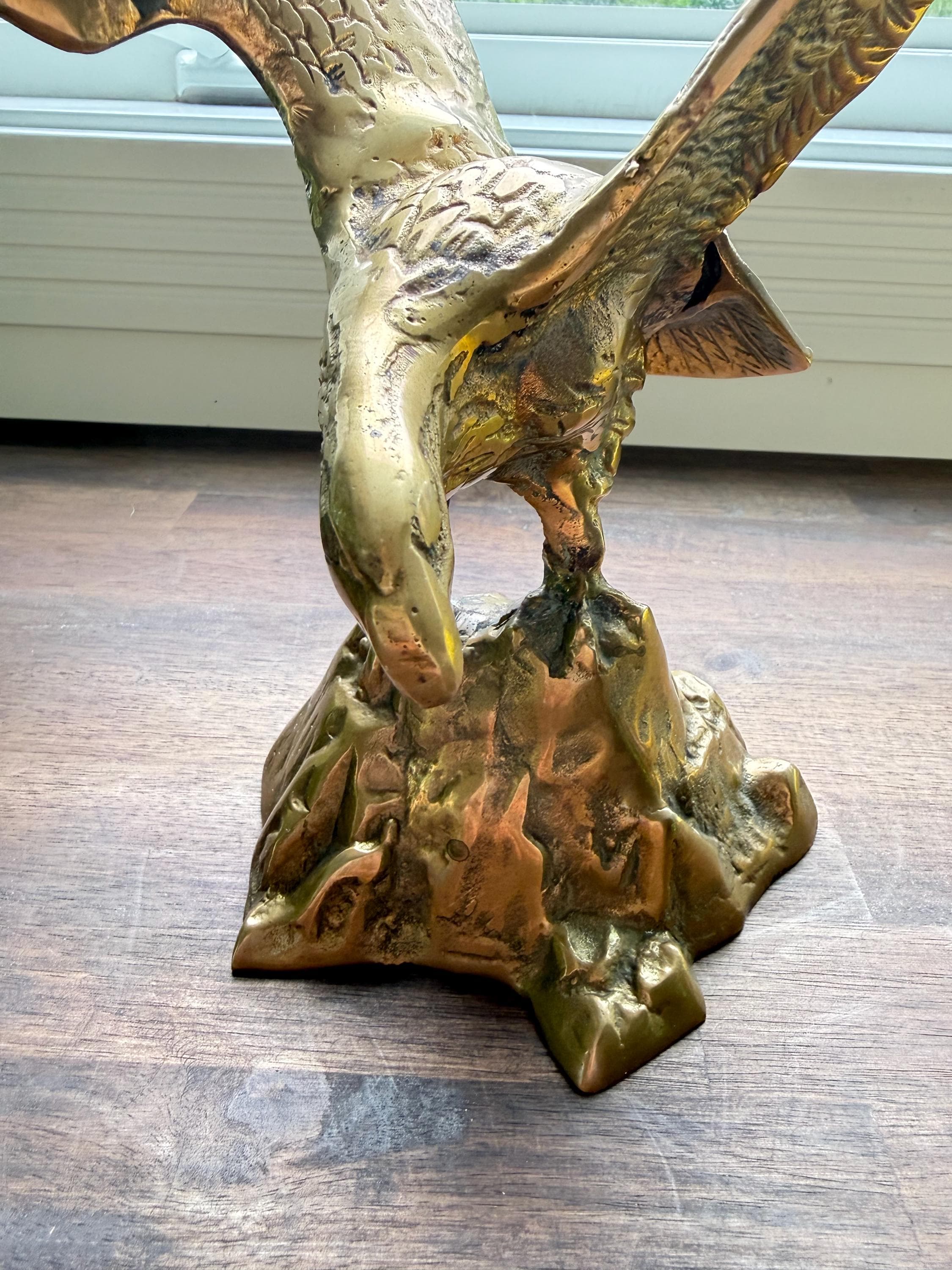 Vintage Brass Eagle Sculpture Perched on Rock Large Mid Century Wildlife Figurine Decor - Thumbnail 6