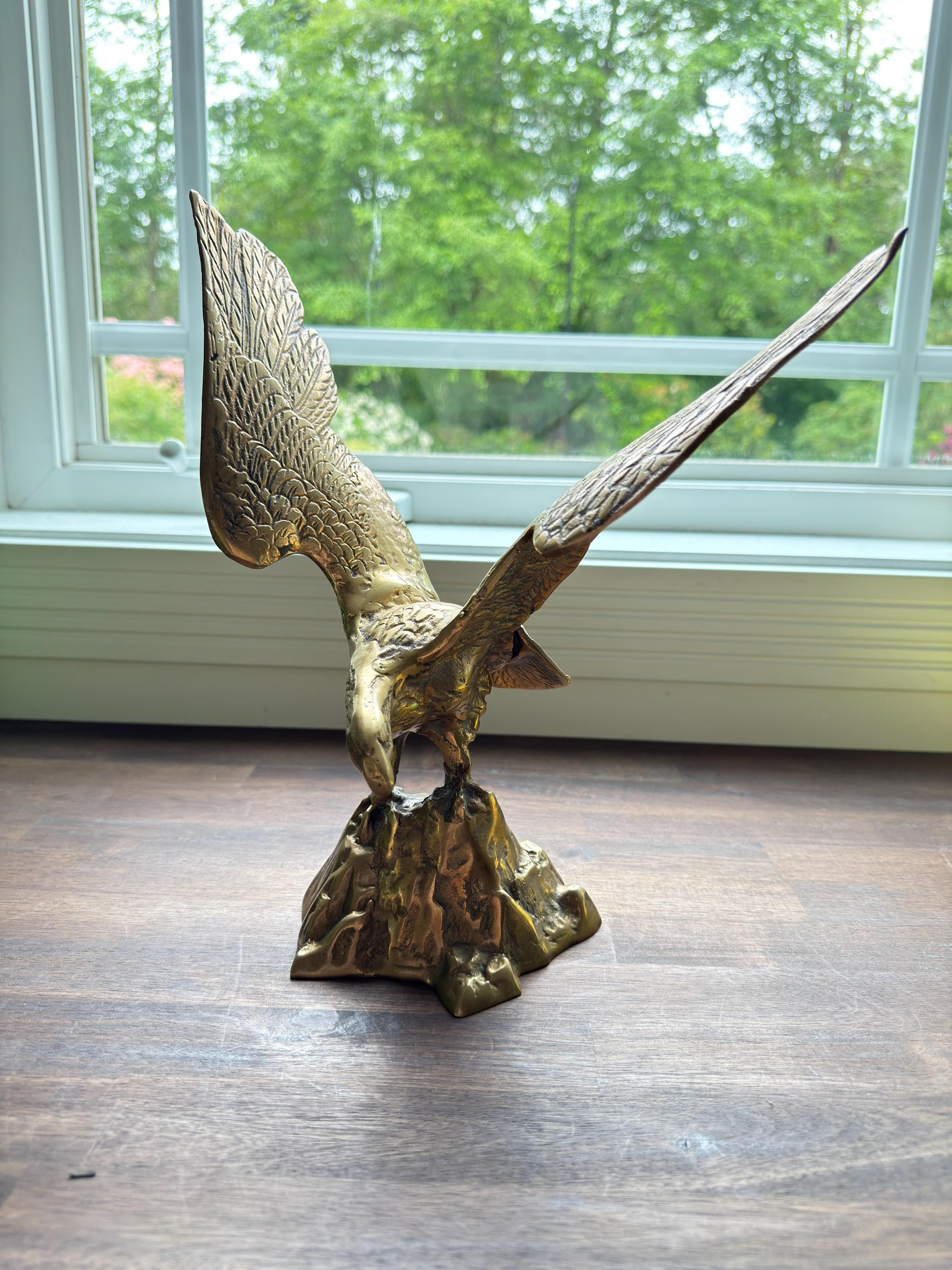 Vintage Brass Eagle Sculpture Perched on Rock Large Mid Century Wildlife Figurine Decor - Thumbnail 3