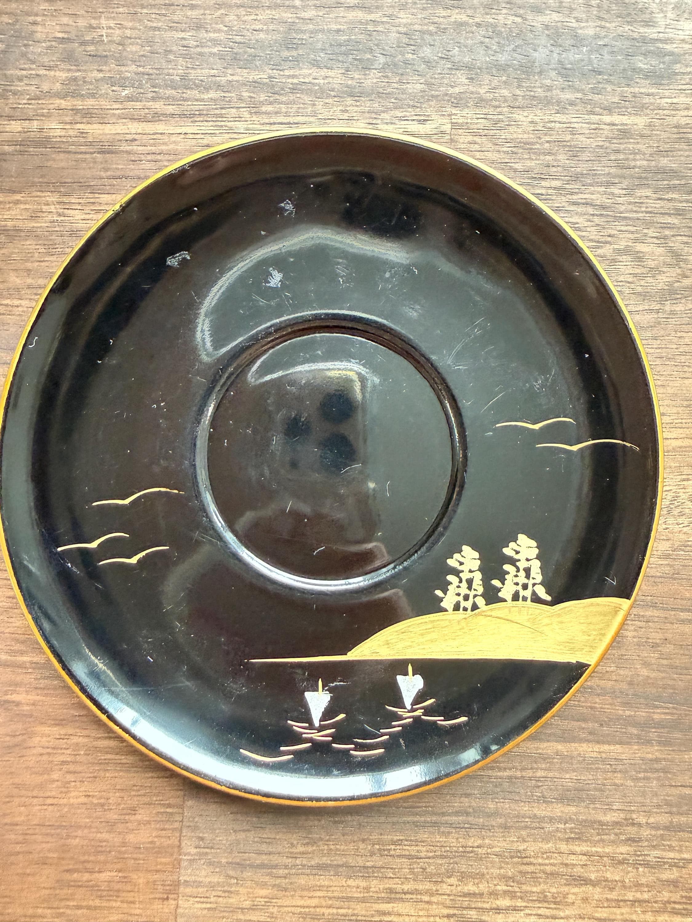 Vintage Japanese Black Lacquer Tea Set – Hand-Painted Gold Gilded Scenic Cups, Saucers, Spoons - Thumbnail 9