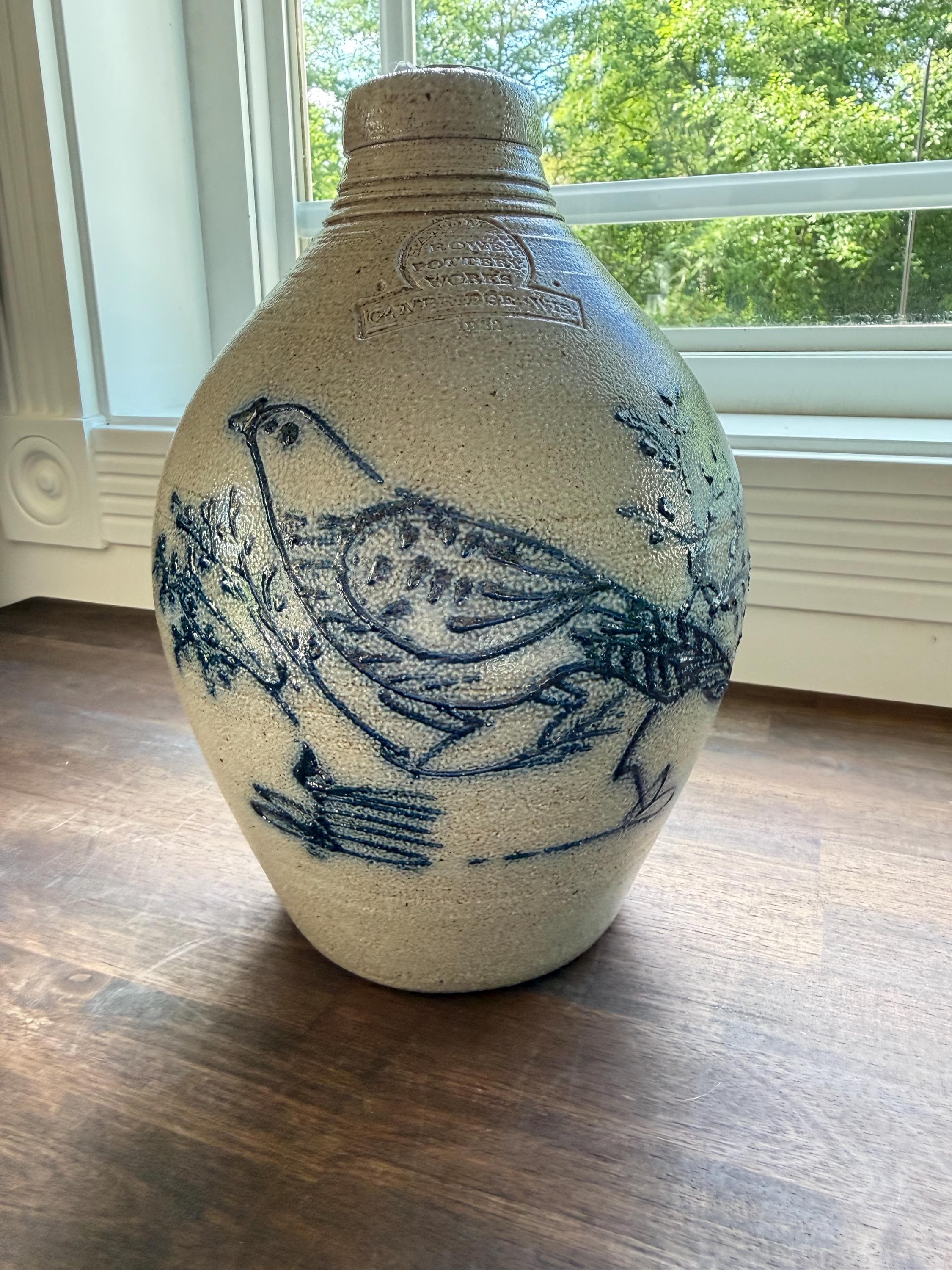 Rowe Pottery Works Salt Glaze Stoneware Jug: Cobalt Blue Bird Vase - Thumbnail 2