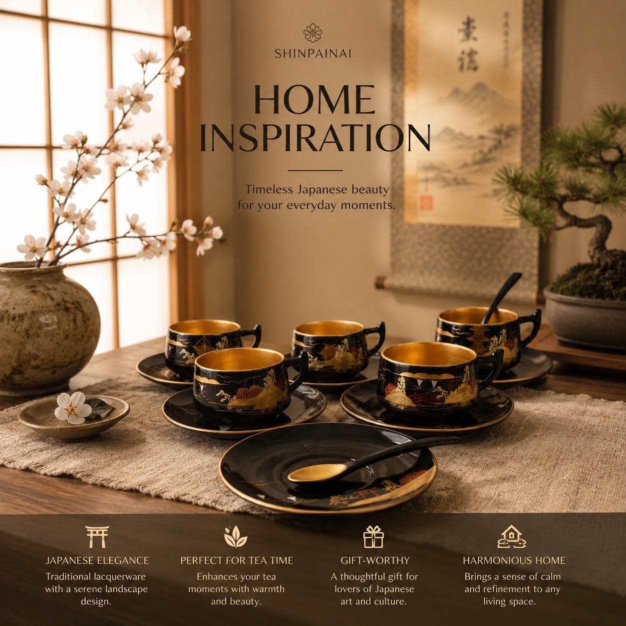 Vintage Japanese Black Lacquer Tea Set – Hand-Painted Gold Gilded Scenic Cups, Saucers, Spoons - Thumbnail 15