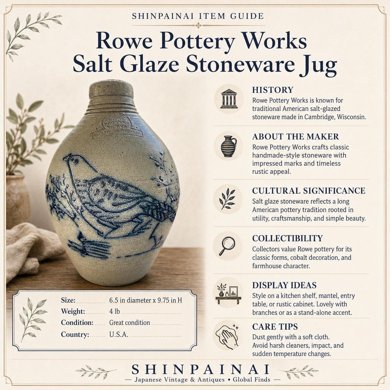 Rowe Pottery Works Salt Glaze Stoneware Jug: Cobalt Blue Bird Vase - Thumbnail 12