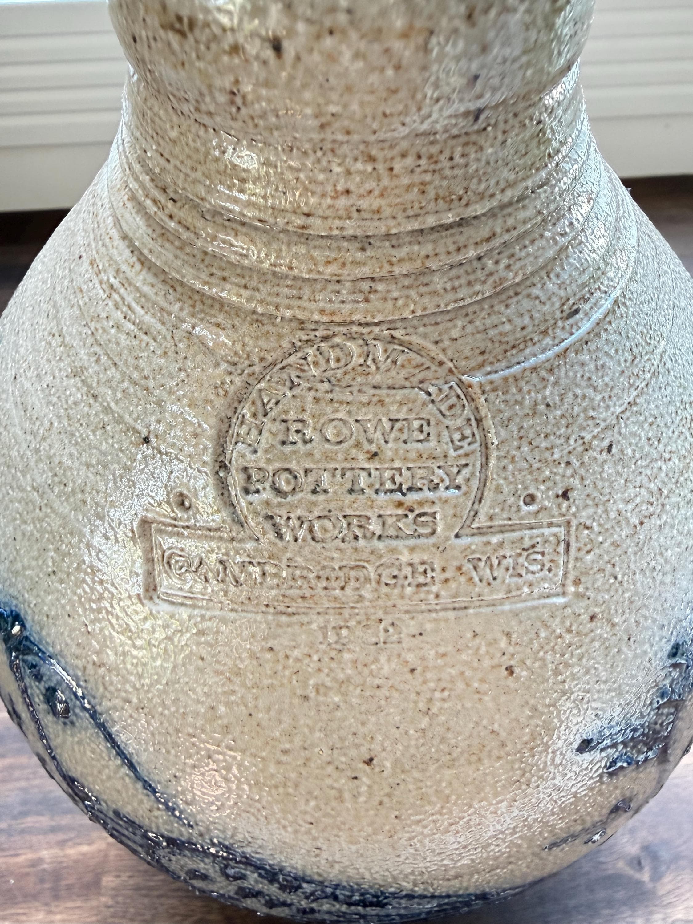 Rowe Pottery Works Salt Glaze Stoneware Jug: Cobalt Blue Bird Vase - Thumbnail 8