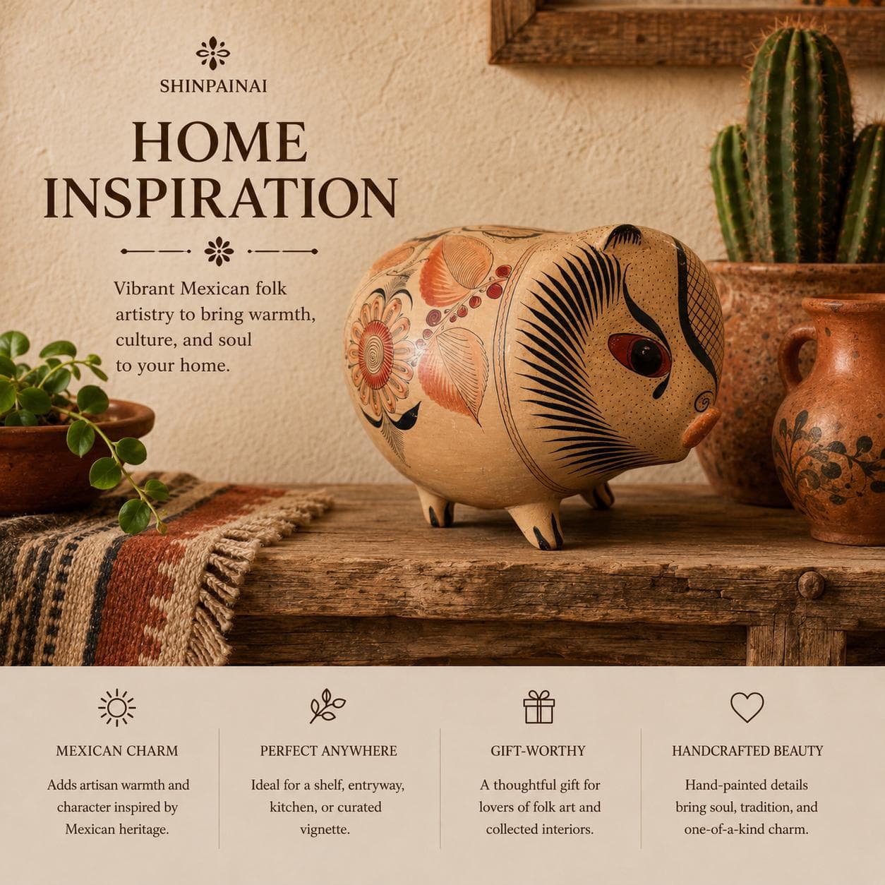 Vintage Tonalá Hand Painted Clay Pig: Mexican Folk Art Hacienda Decor - Thumbnail 17
