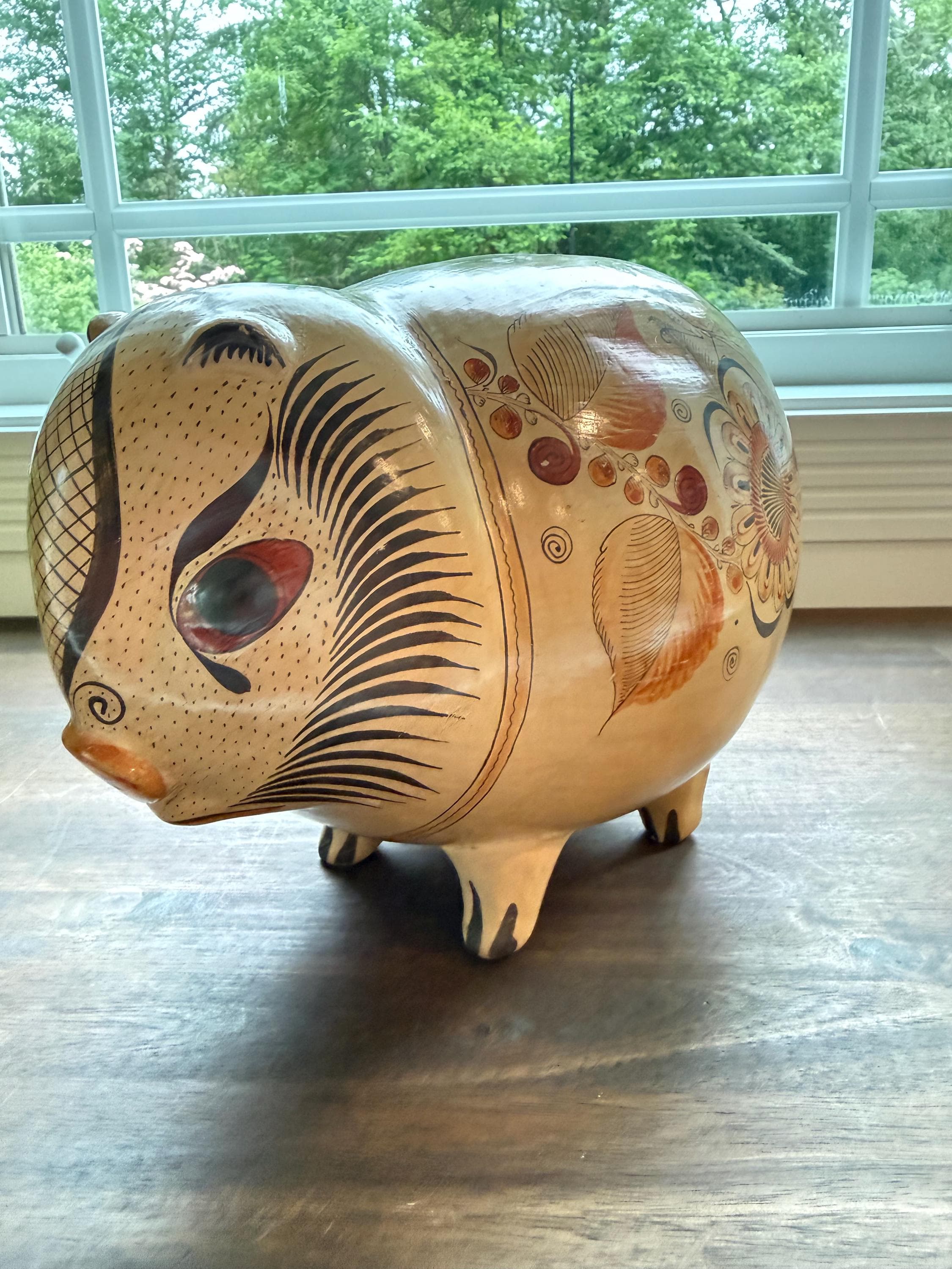 Vintage Tonalá Hand Painted Clay Pig: Mexican Folk Art Hacienda Decor - Thumbnail 2