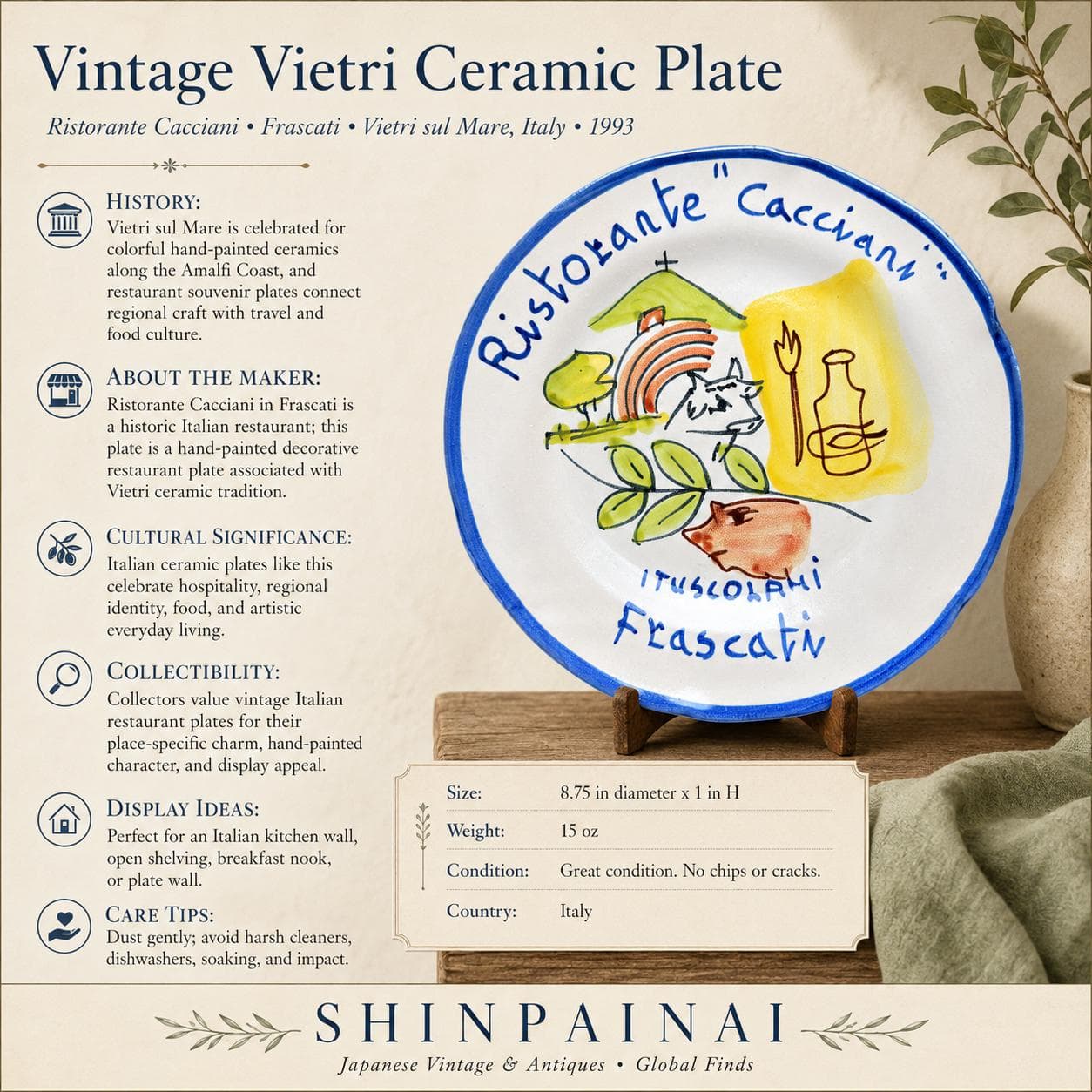Vintage Vietri Ceramic Plate: Hand-Painted Italian Restaurant Frascati Kitchen Decor 1993 - Thumbnail 14