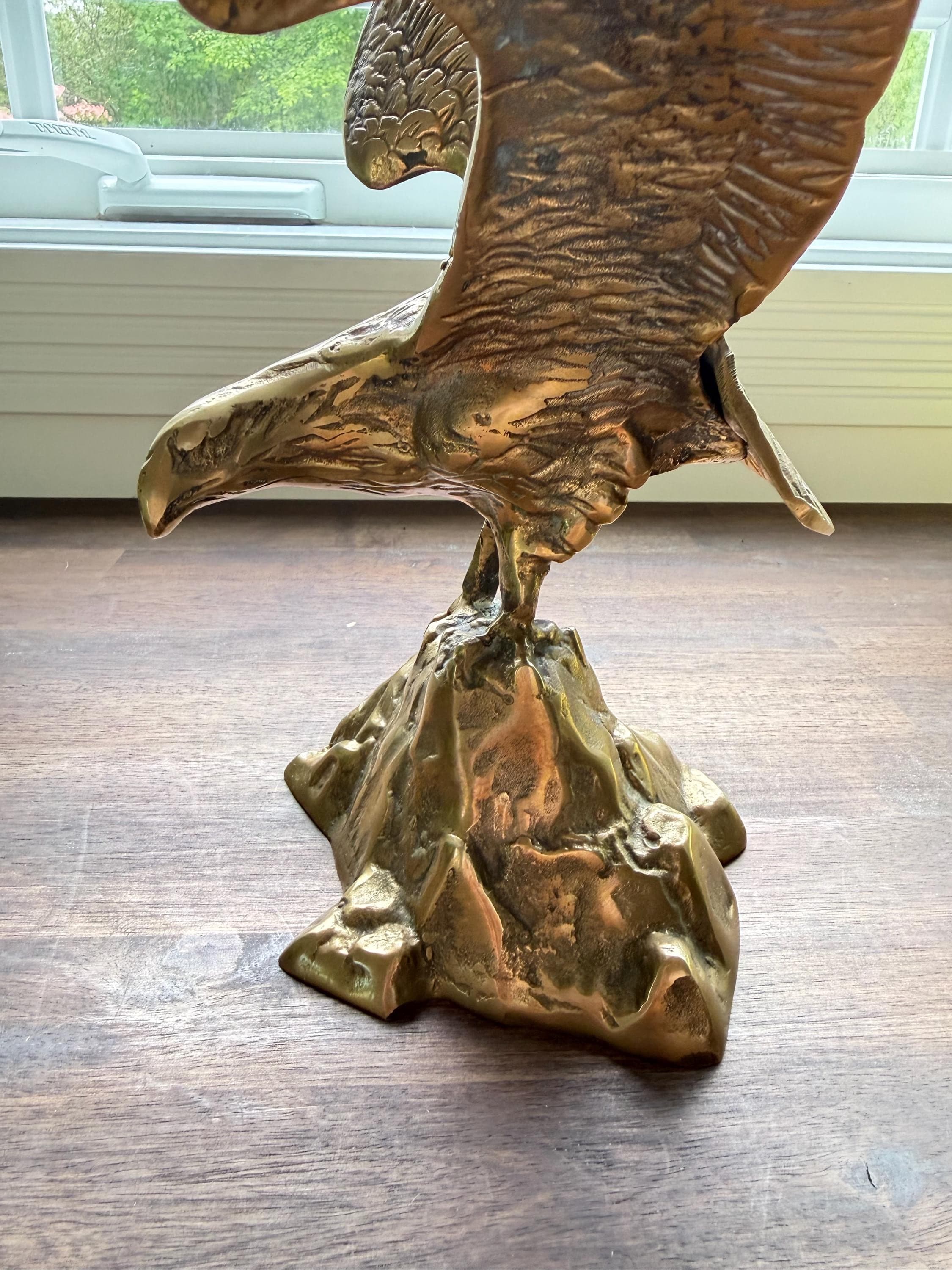 Vintage Brass Eagle Sculpture Perched on Rock Large Mid Century Wildlife Figurine Decor - Thumbnail 7