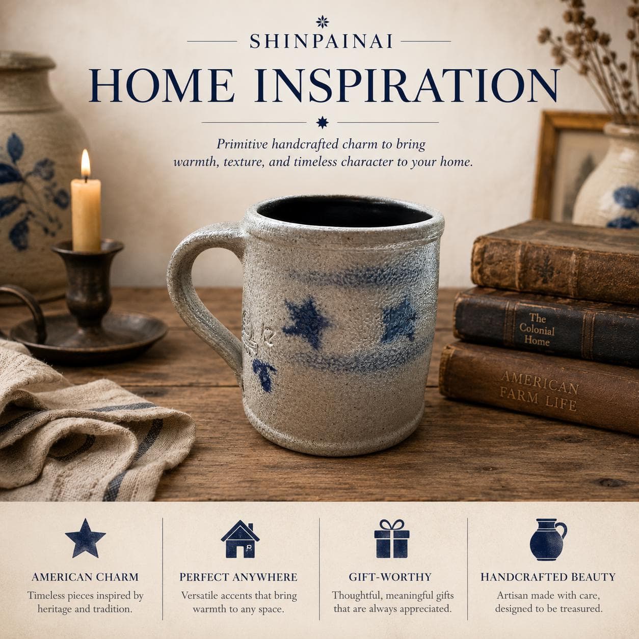 Vintage Rowe Pottery Works Salt Glazed Stoneware Mug Cobalt Blue Stars American Primitive 1994 - Thumbnail 12