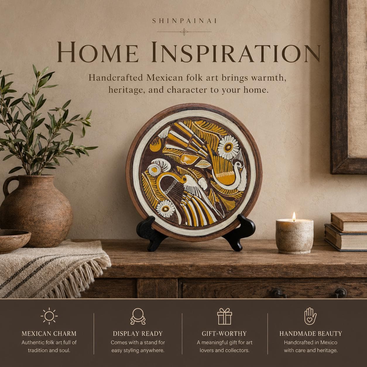 Vintage Mexican Folk Art Clay Decorative Plate Birds Handmade Hacienda Wall Decor 1960 - Thumbnail 13