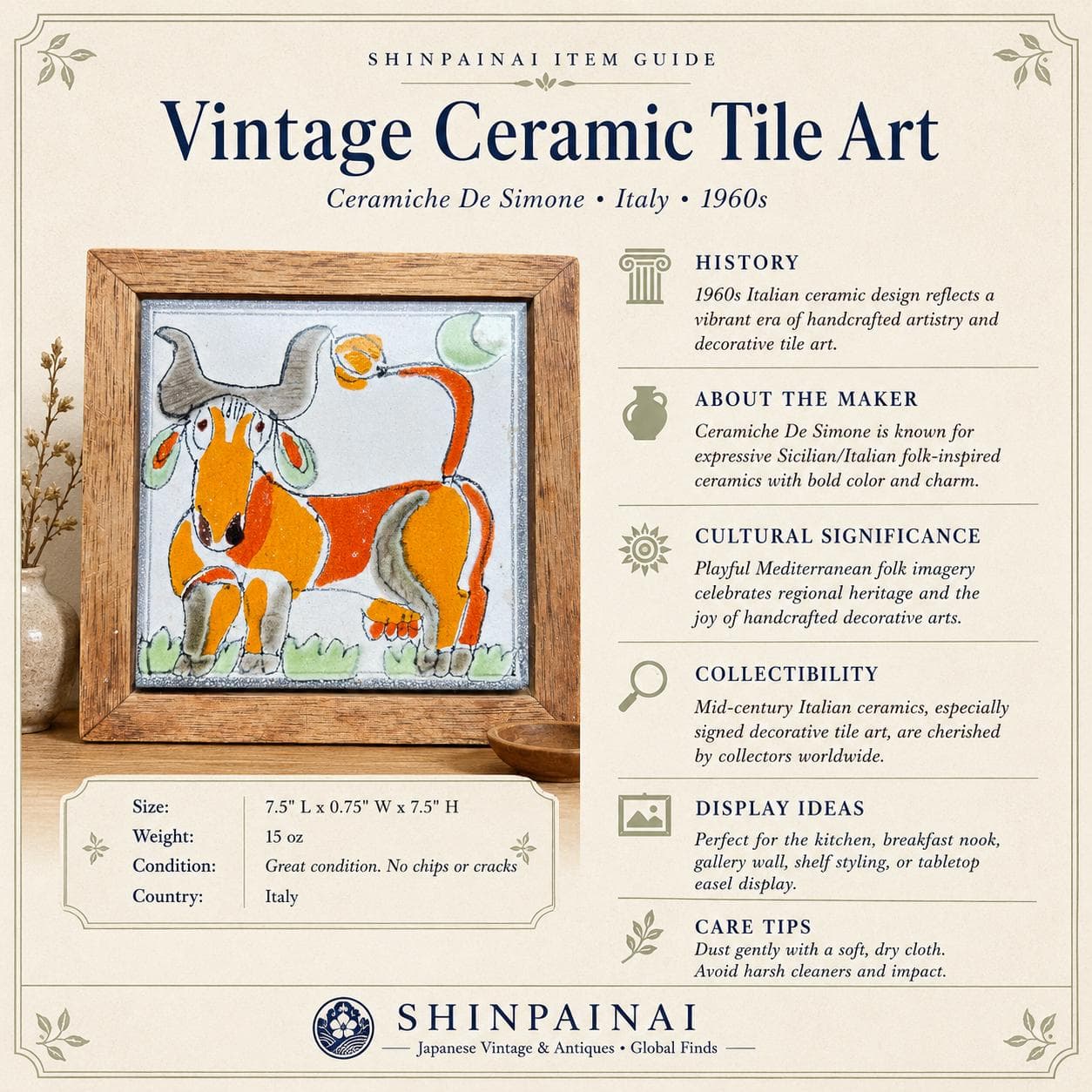 Vintage Ceramiche De Simone Hand-Painted Italian Folk Art Tile – MCM Wood Framed Wall Decor - Thumbnail 11