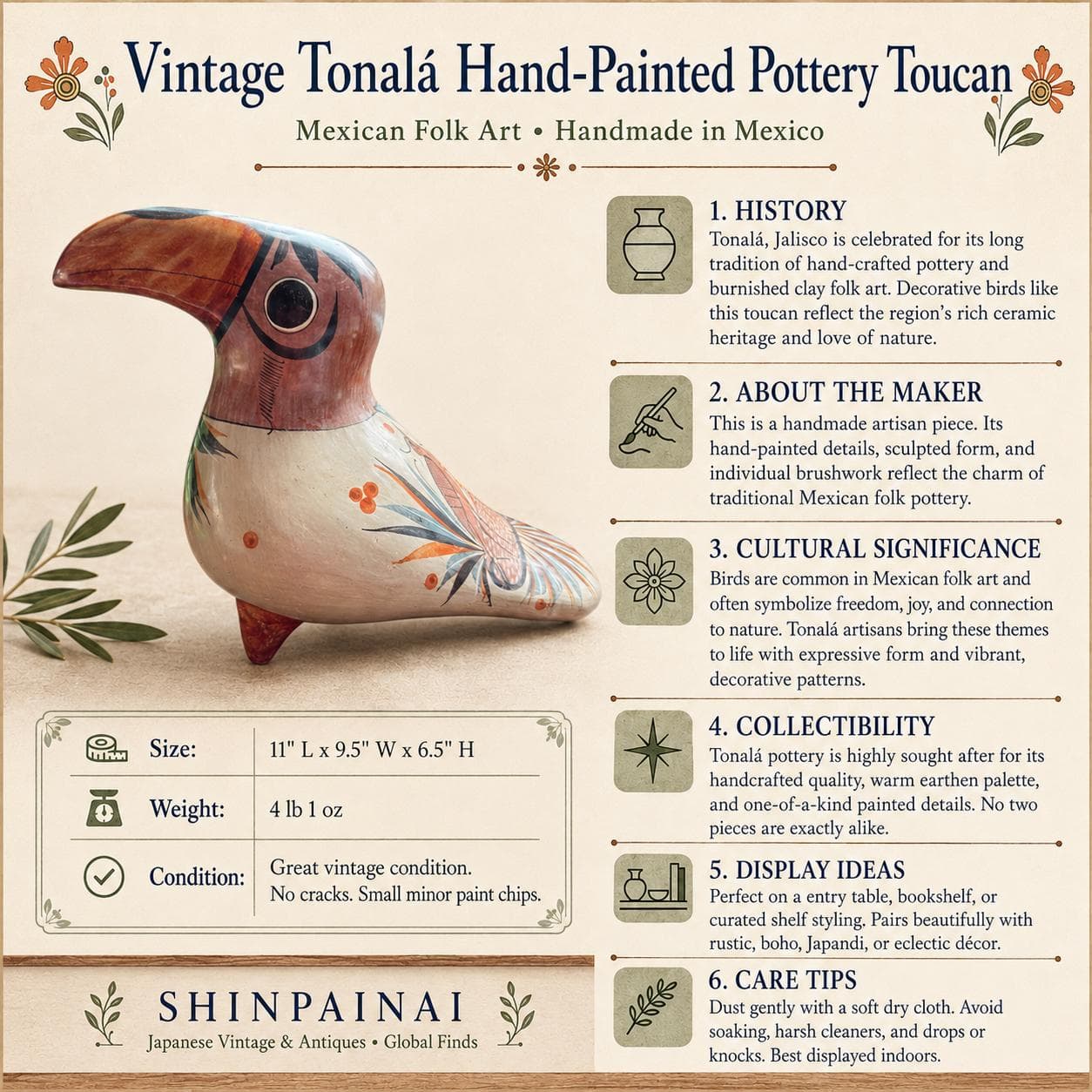 Vintage Tonalá Toucan Figurine: Hand Painted Mexican Folk Art Bird, Hacienda Decor - Thumbnail 19