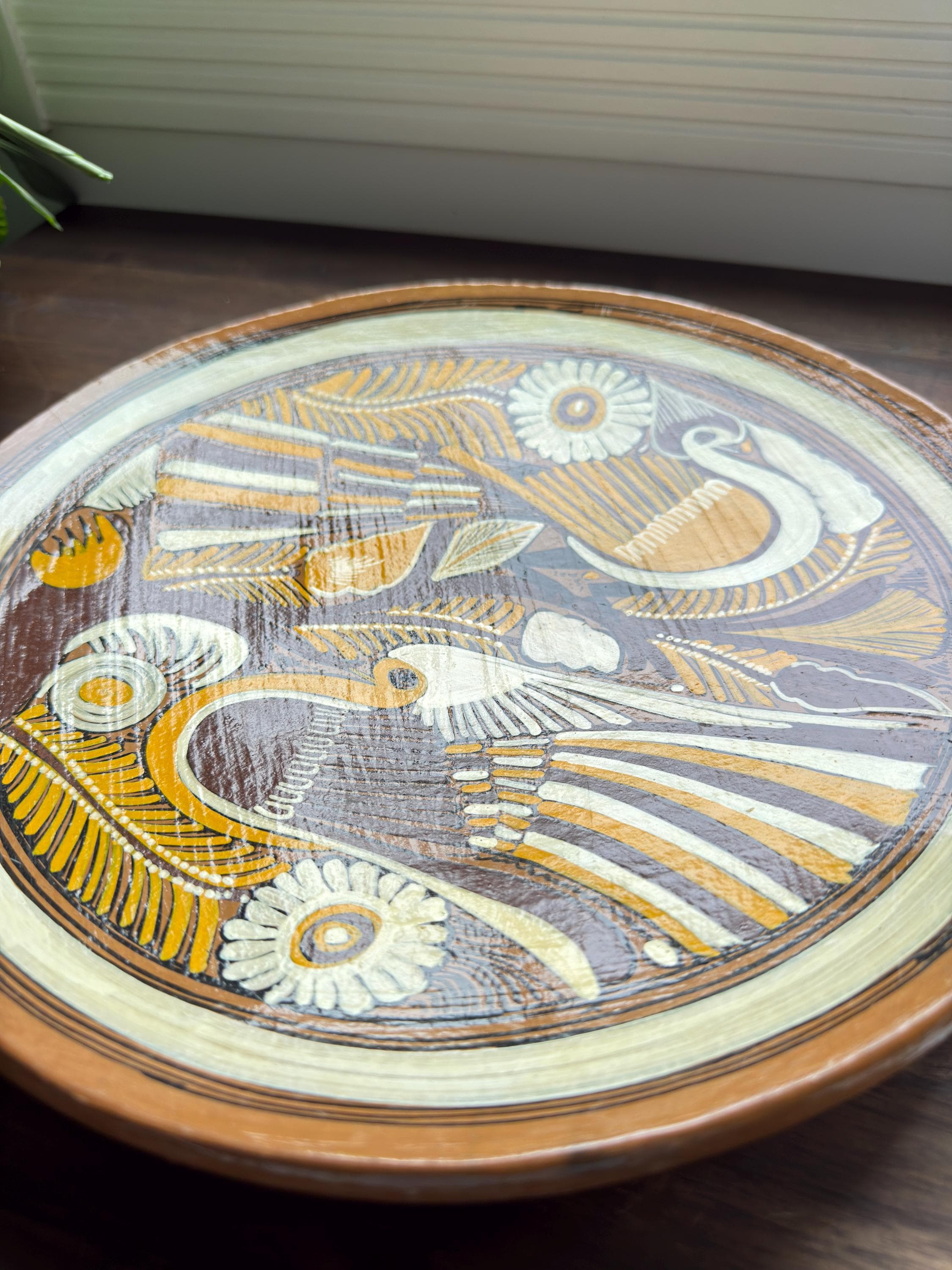 Vintage Mexican Folk Art Clay Decorative Plate Birds Handmade Hacienda Wall Decor 1960 - Thumbnail 2